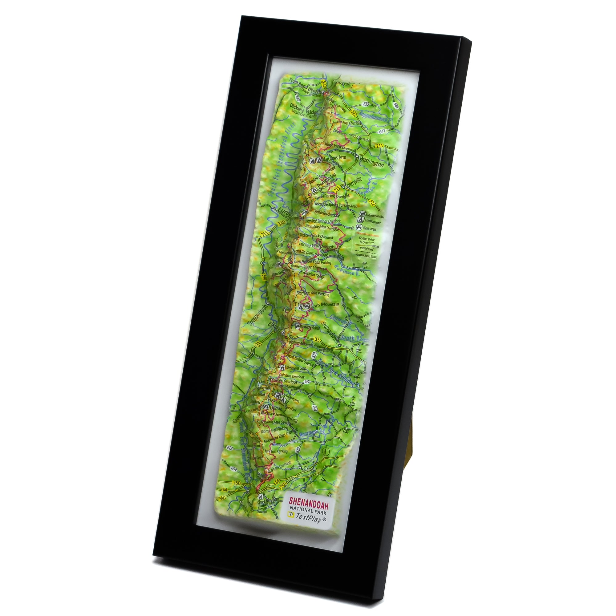 TestPlayNA 3D raised relief map of Shenandoah National Park showing the Blue Ridge Mountains and Skyline Drive