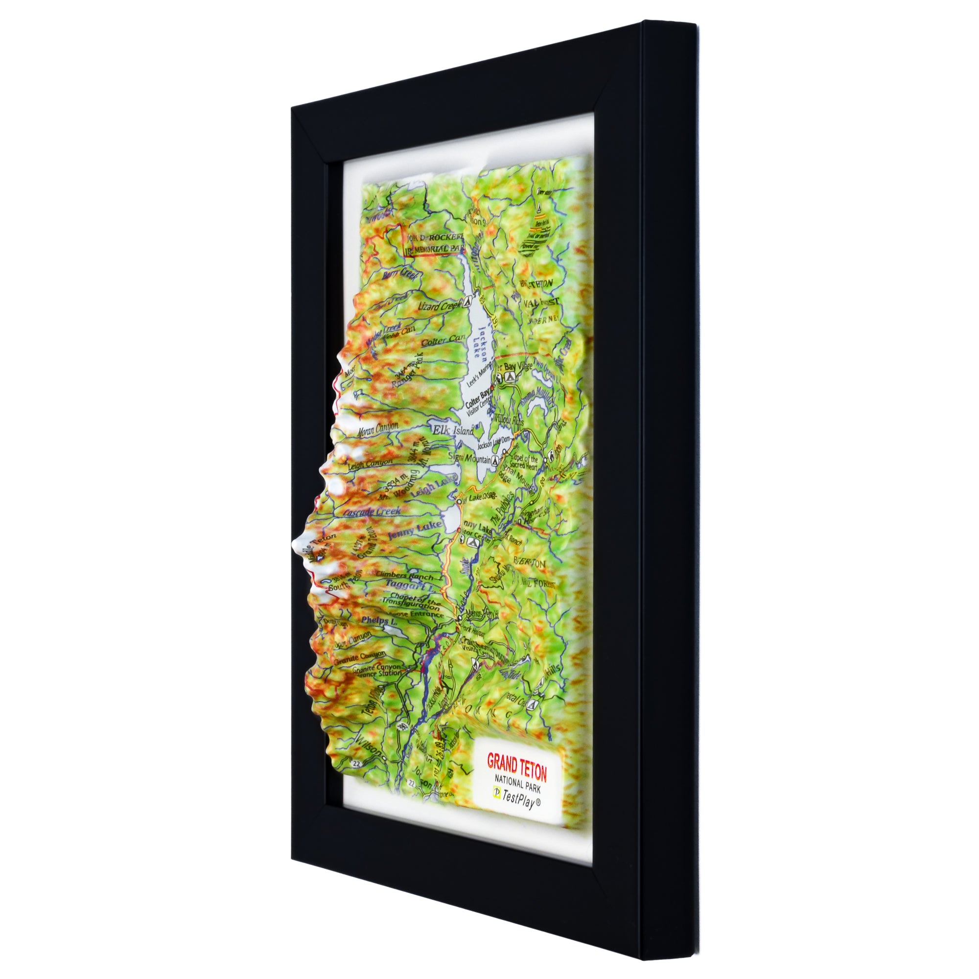 TestPlayNA 3D raised relief map of Grand Teton National Park showing the Teton Range and Jackson Lake