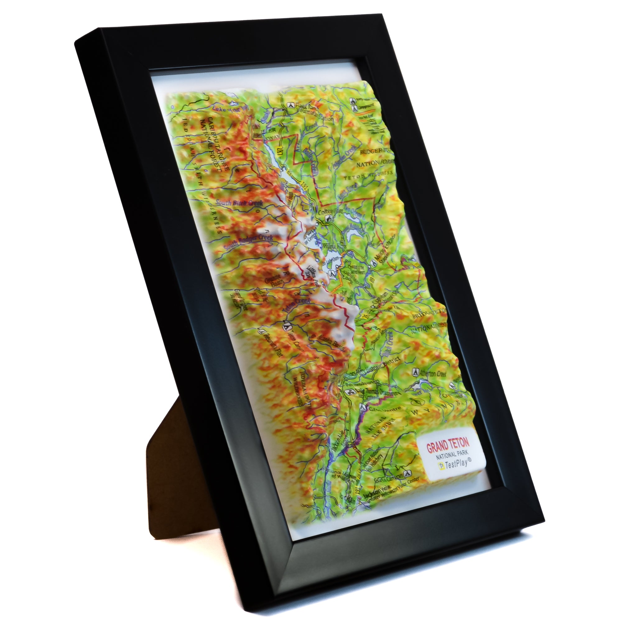 TestPlayNA 3D raised relief map of Grand Teton National Park showing the Teton Range and Jackson Lake