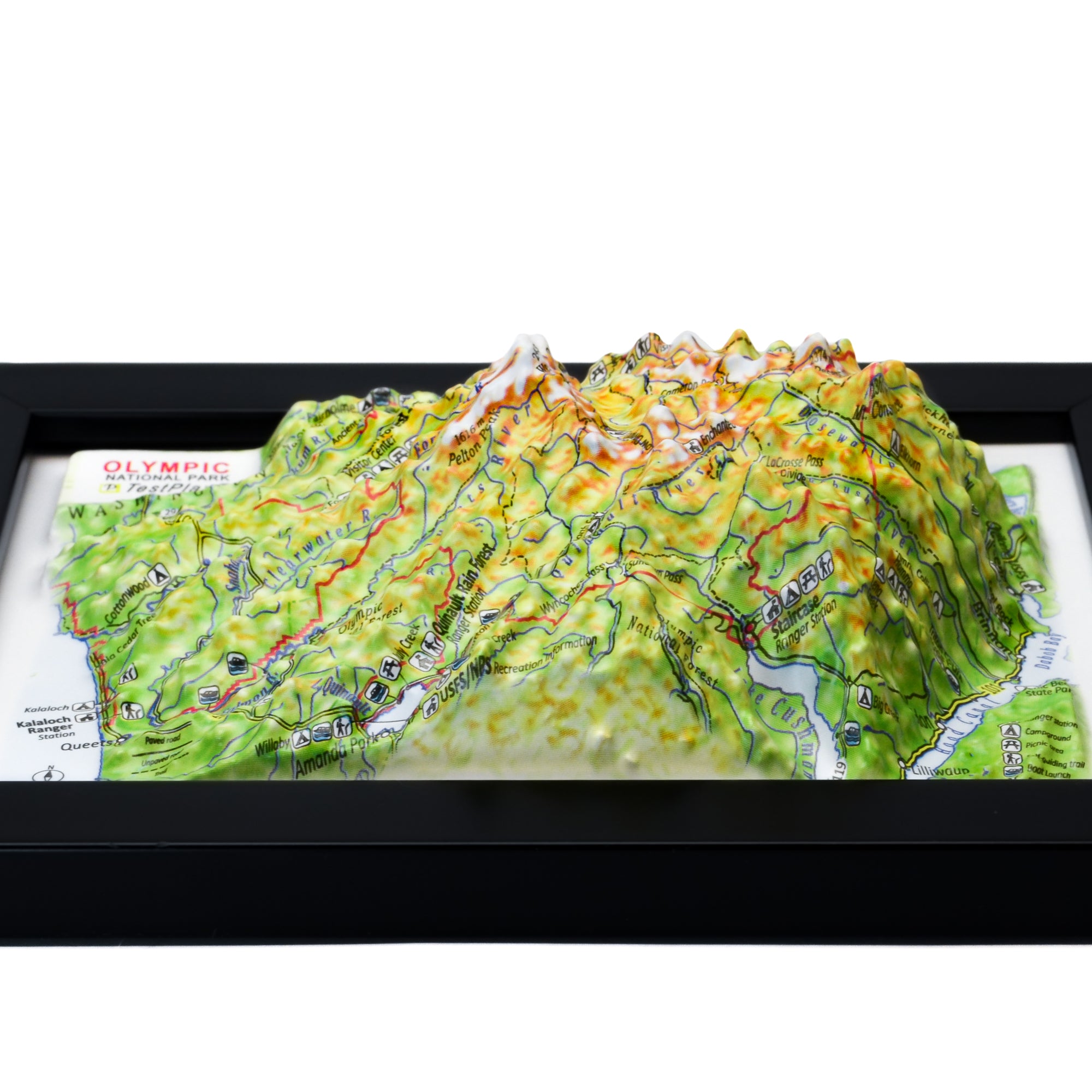 TestPlayNA 3D raised relief map of Olympic National Park showing coastline, rainforest, and mountains
