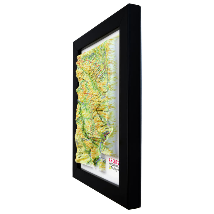 TestPlayNA 3D raised relief map of Arches National Park showing sandstone arches and terrain