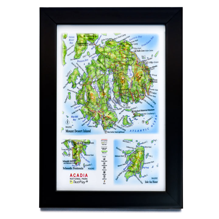 TestPlayNA 3D raised relief map of Acadia National Park showing mountains, coastline, and lakes