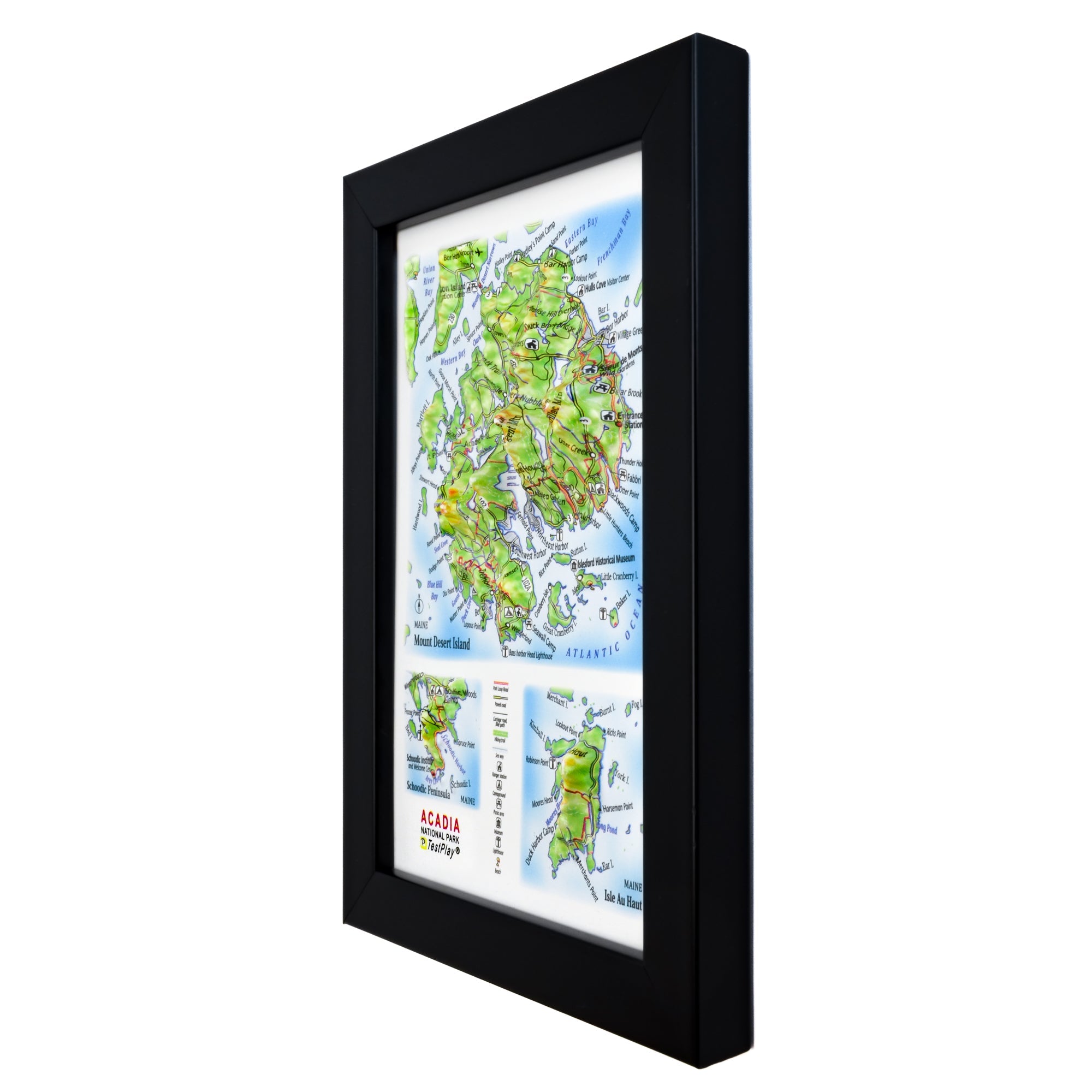 TestPlayNA 3D raised relief map of Acadia National Park showing mountains, coastline, and lakes