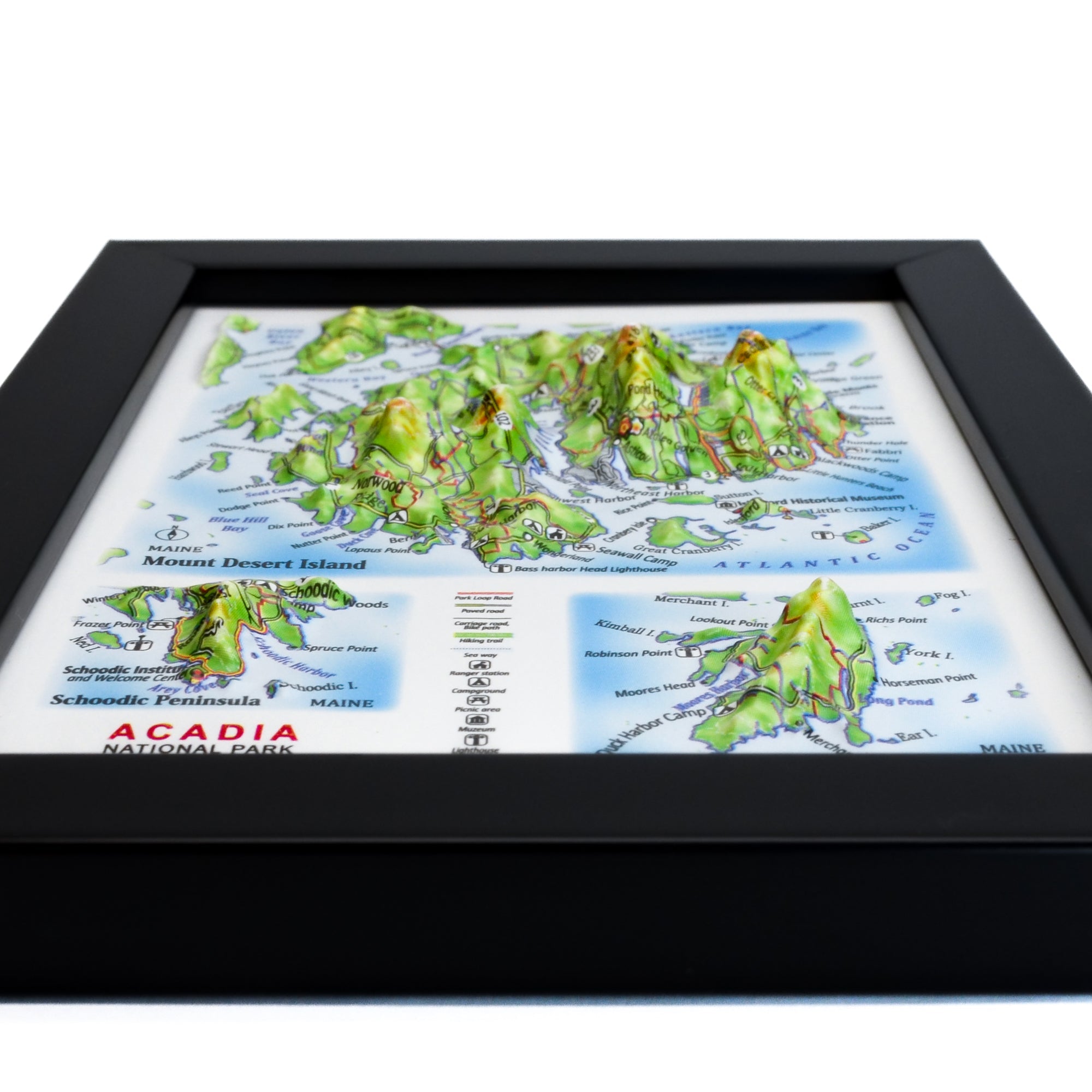 TestPlayNA 3D raised relief map of Acadia National Park showing mountains, coastline, and lakes