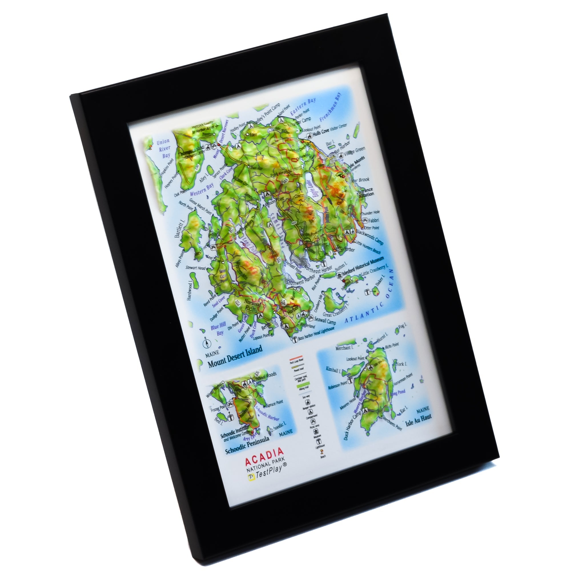 TestPlayNA 3D raised relief map of Acadia National Park showing mountains, coastline, and lakes
