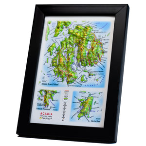 TestPlayNA 3D raised relief map of Acadia National Park showing mountains, coastline, and lakes