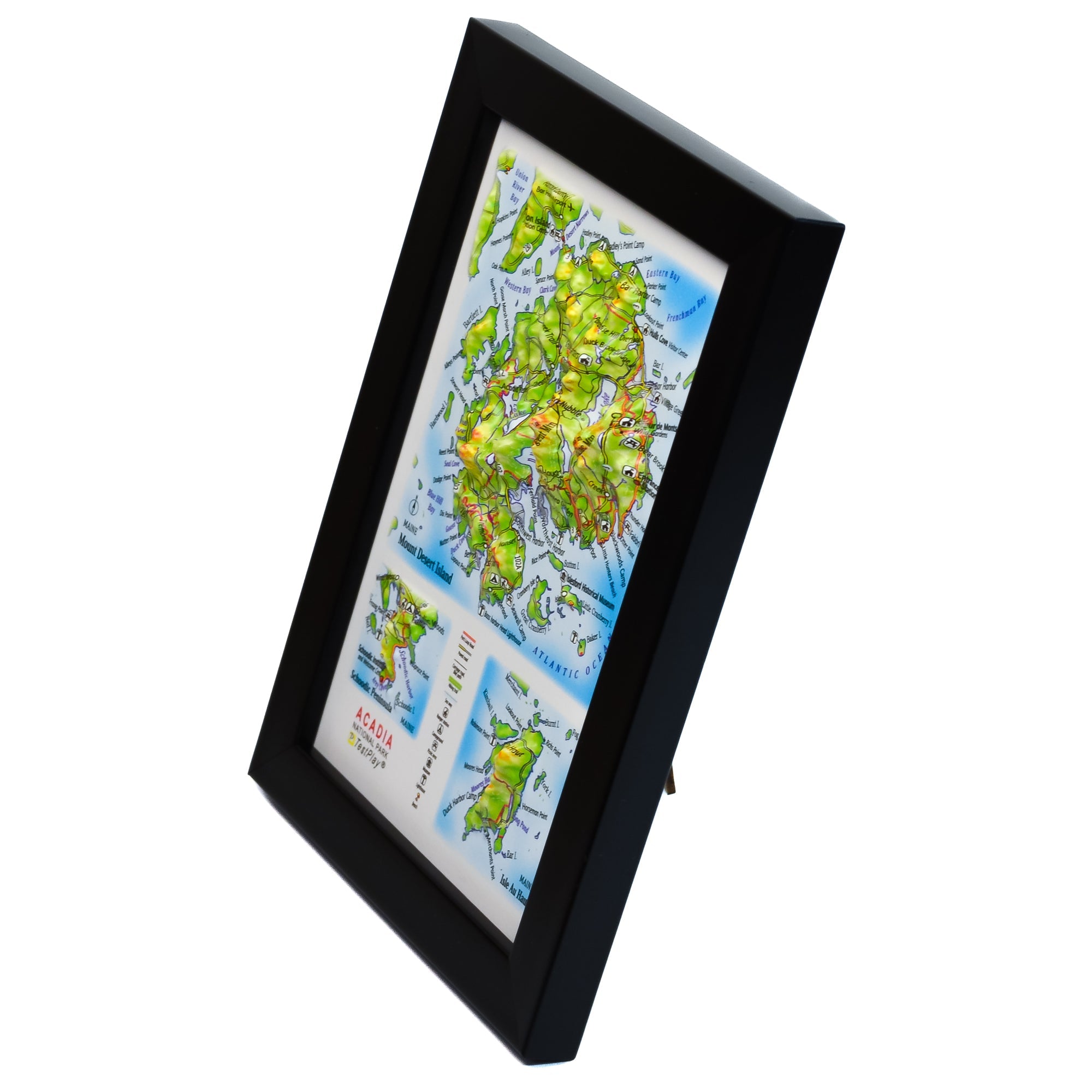 TestPlayNA 3D raised relief map of Acadia National Park showing mountains, coastline, and lakes