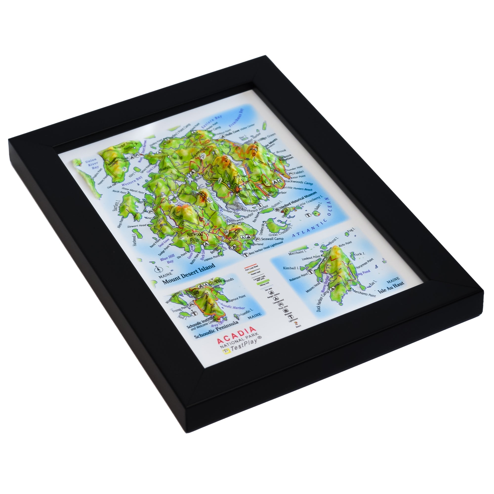 TestPlayNA 3D raised relief map of Acadia National Park showing mountains, coastline, and lakes