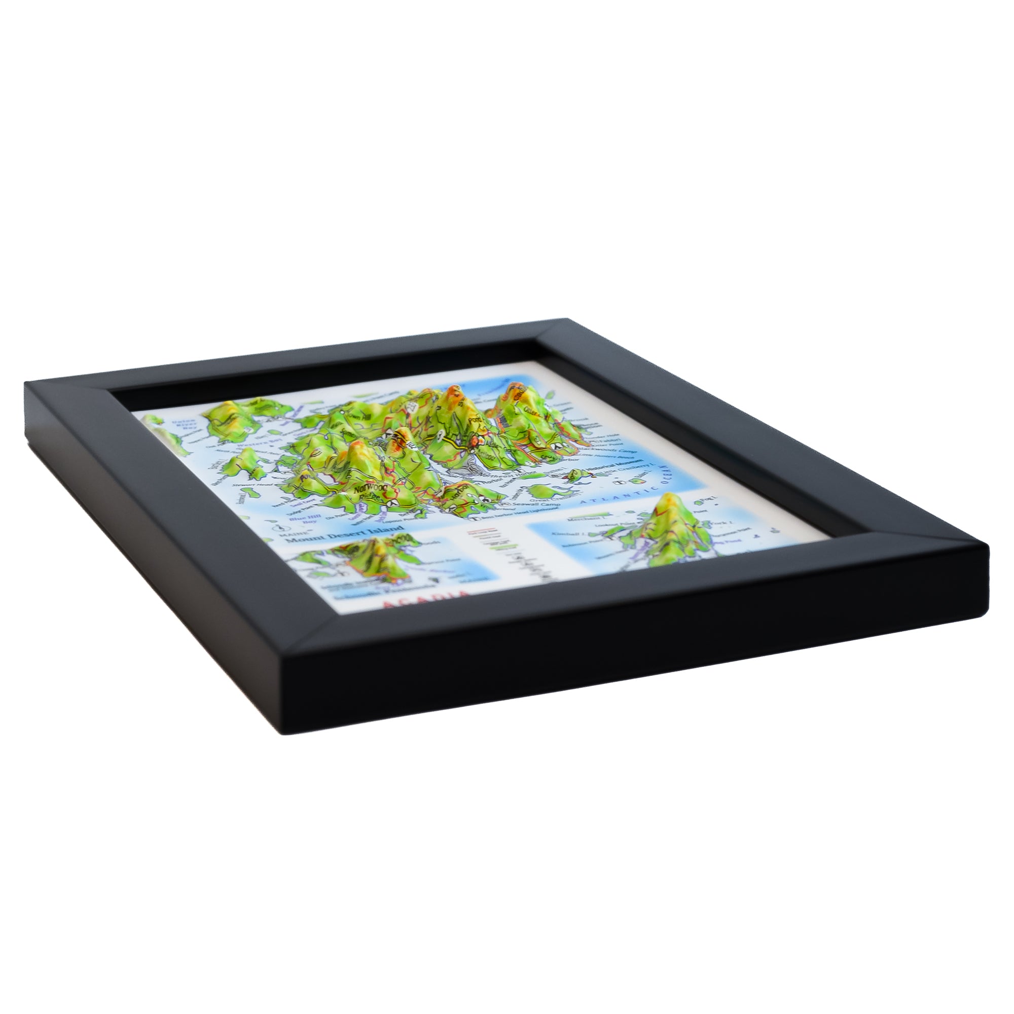 TestPlayNA 3D raised relief map of Acadia National Park showing mountains, coastline, and lakes