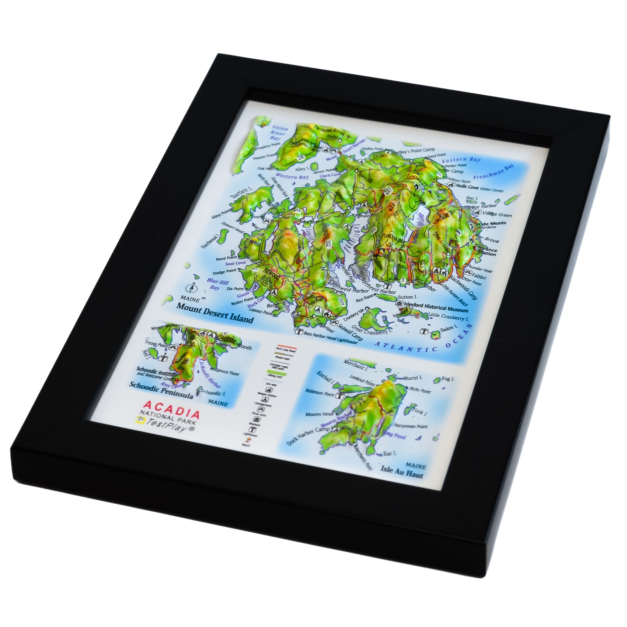 TestPlayNA 3D raised relief map of Acadia National Park showing mountains, coastline, and lakes