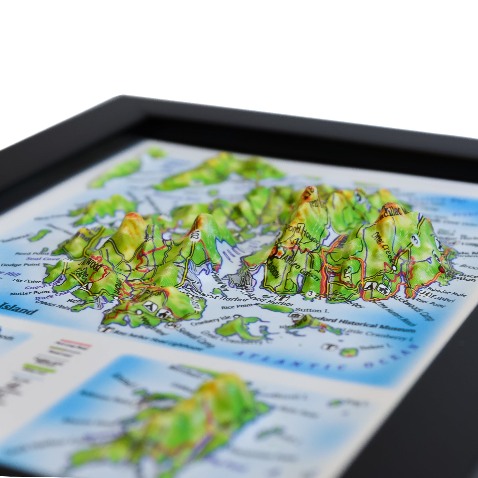 TestPlayNA 3D raised relief map of Acadia National Park showing mountains, coastline, and lakes