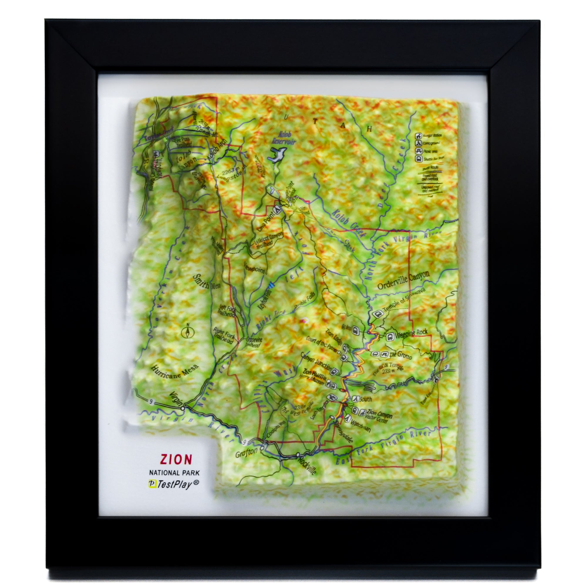 TestPlayNA 3D raised relief map of Zion National Park showing canyons and the Virgin River