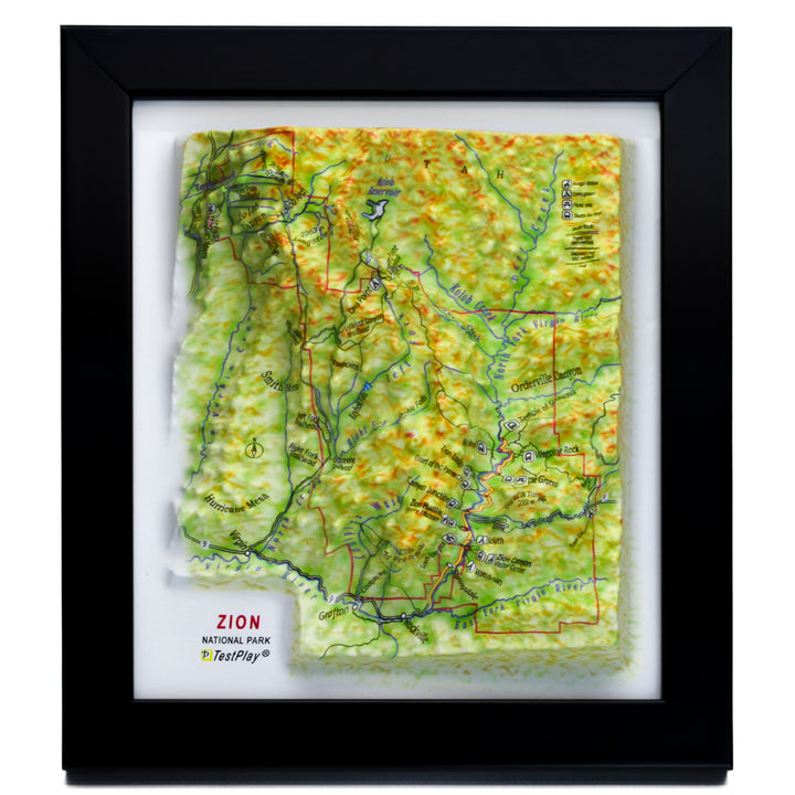 TestPlayNA 3D raised relief map of Zion National Park showing canyons and the Virgin River