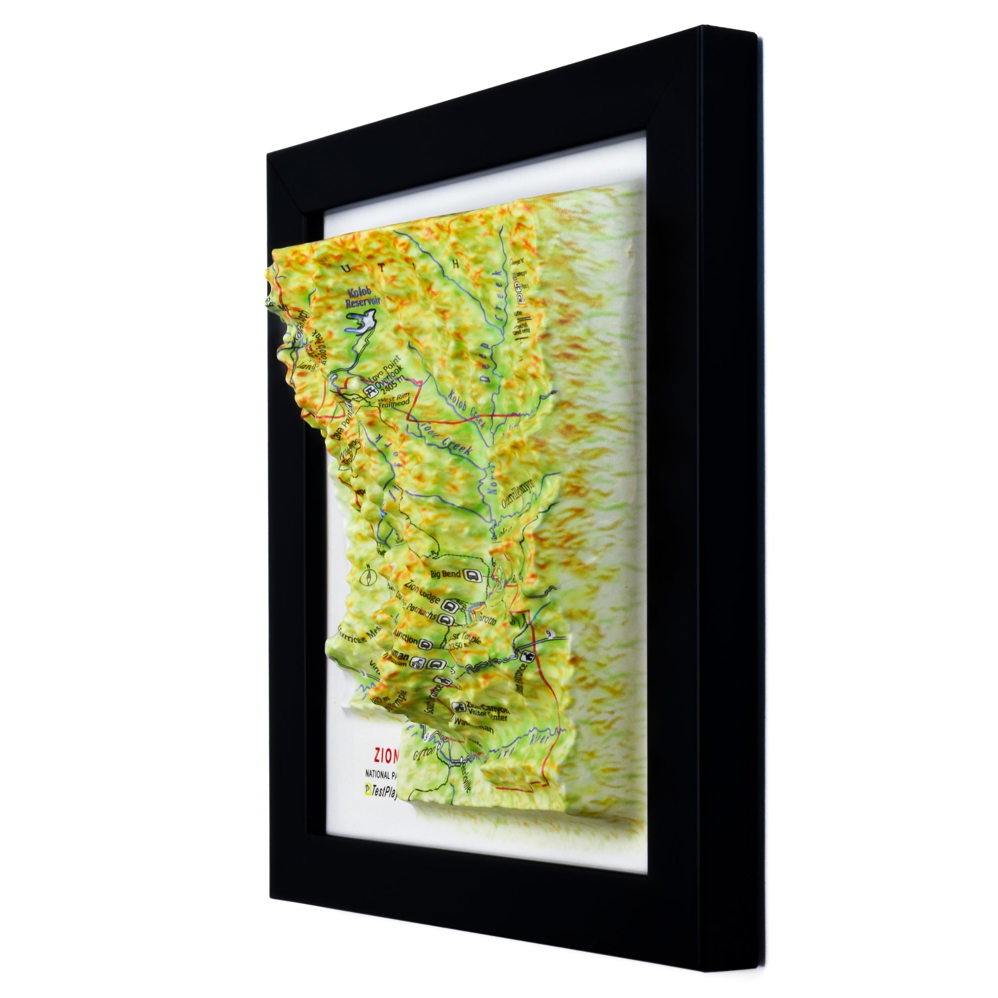 TestPlayNA 3D raised relief map of Zion National Park showing canyons and the Virgin River