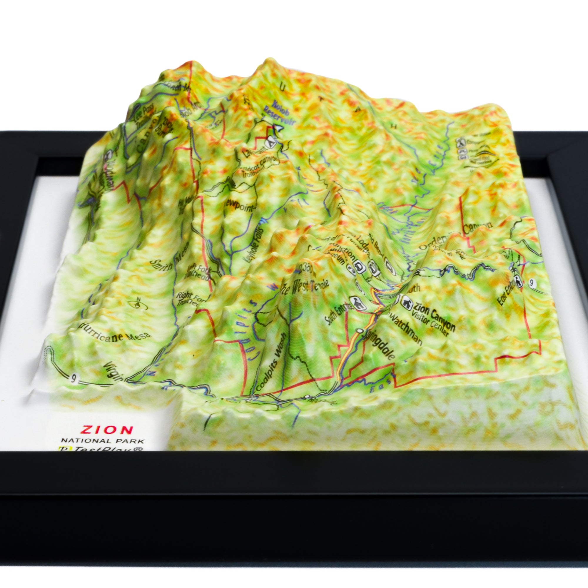 TestPlayNA 3D raised relief map of Zion National Park showing canyons and the Virgin River