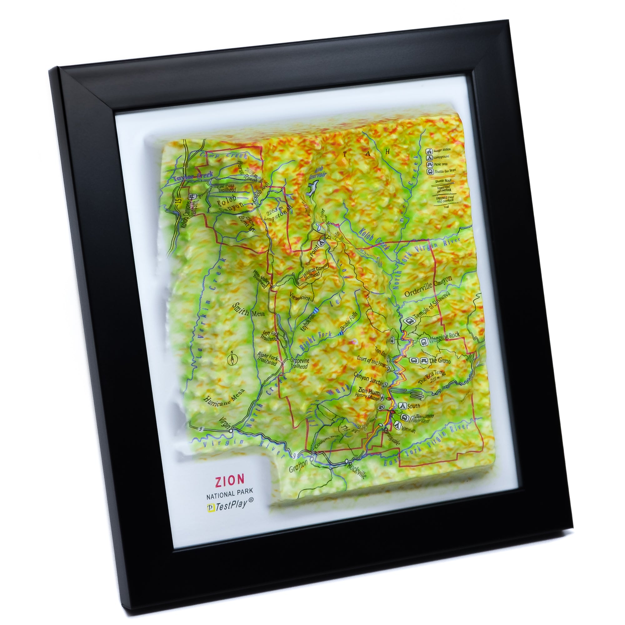 TestPlayNA 3D raised relief map of Zion National Park showing canyons and the Virgin River