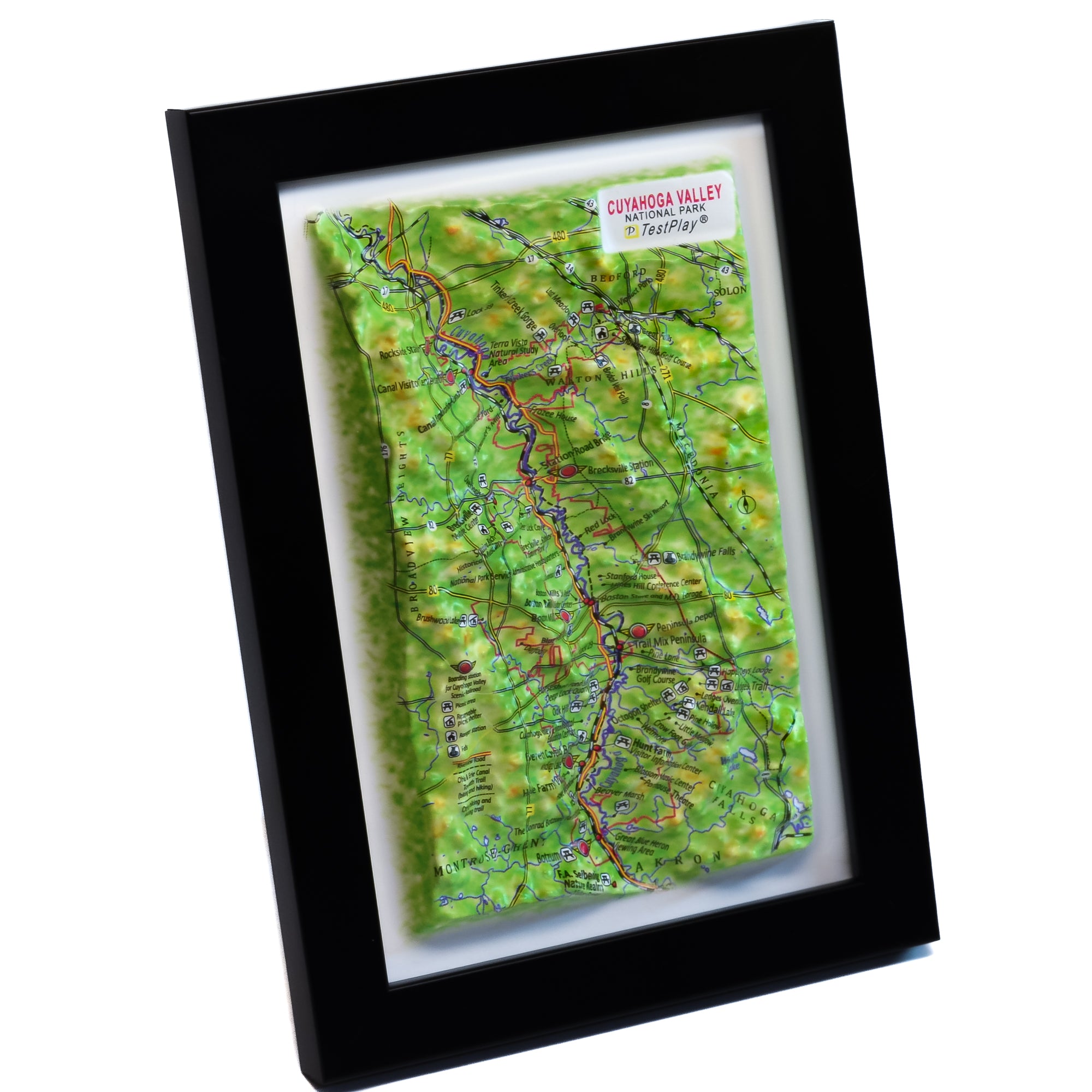 TestPlayNA 3D raised relief map of Cuyahoga Valley National Park showing the river and falls
