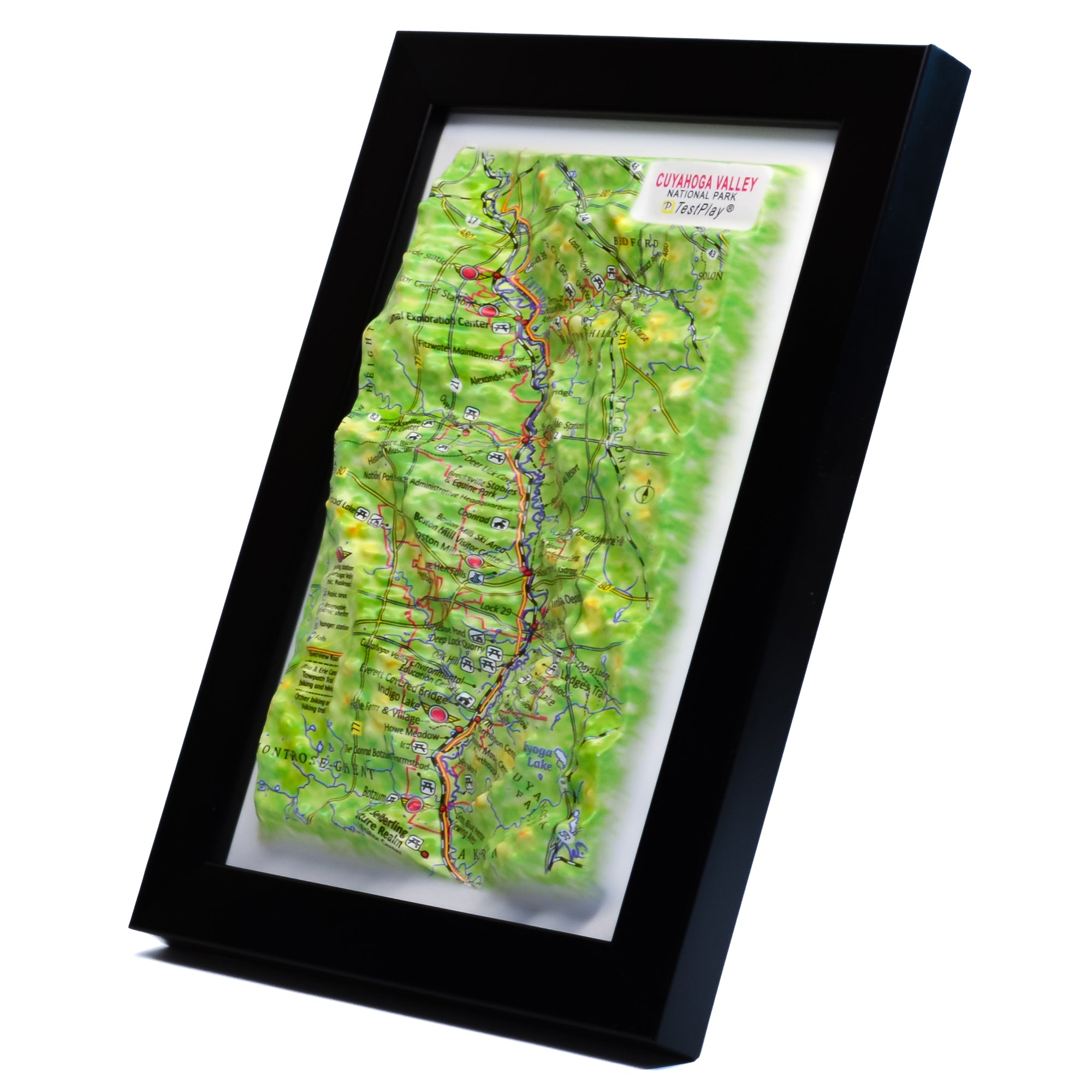 TestPlayNA 3D raised relief map of Cuyahoga Valley National Park showing the river and falls