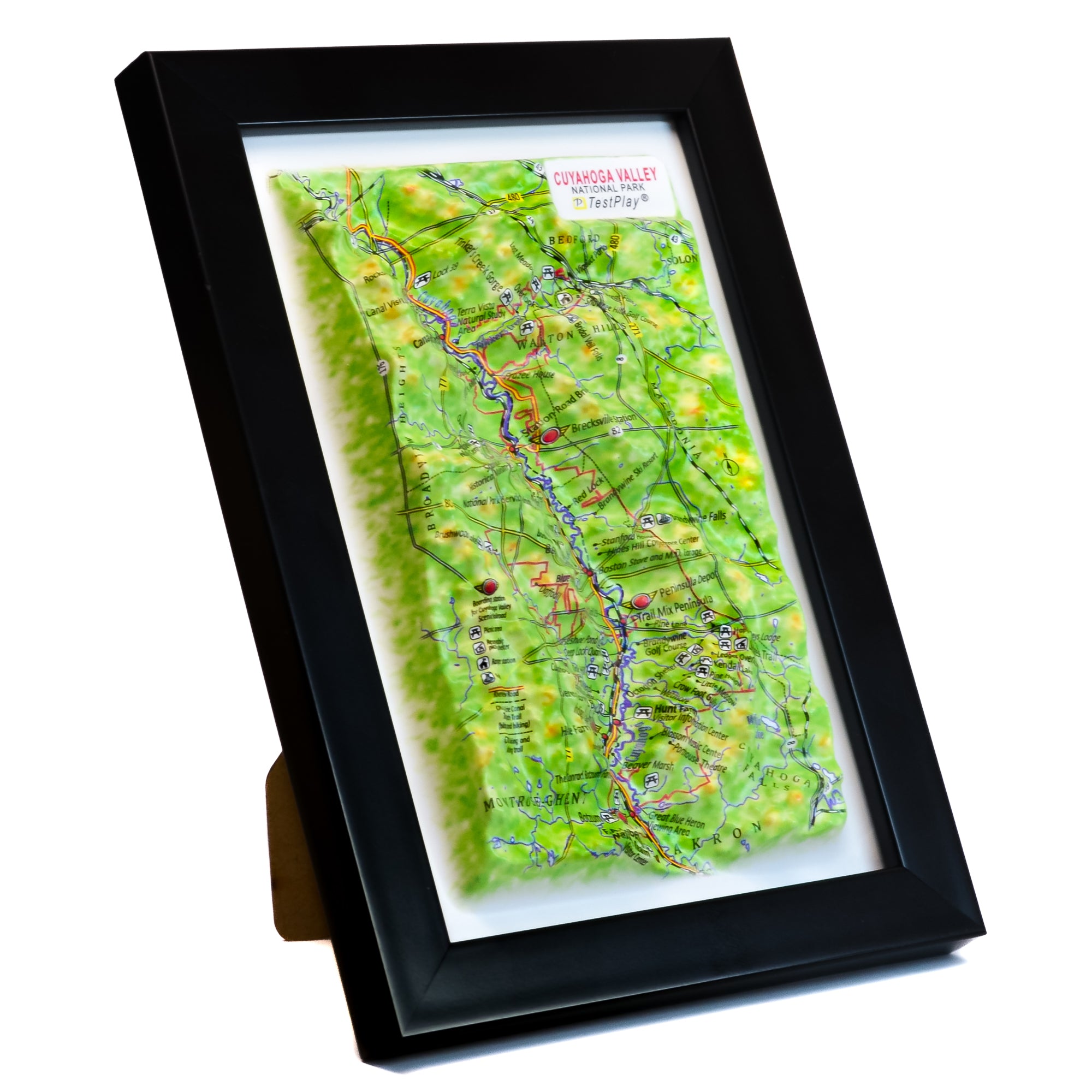 TestPlayNA 3D raised relief map of Cuyahoga Valley National Park showing the river and falls