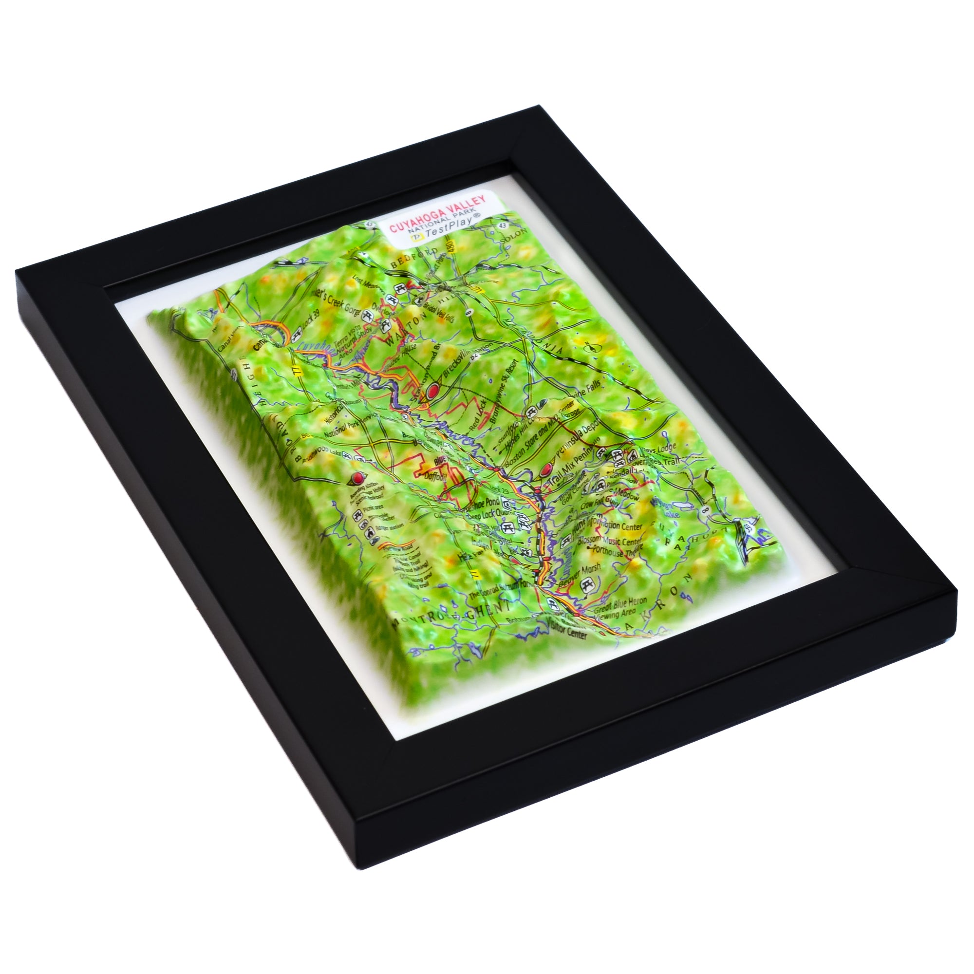 TestPlayNA 3D raised relief map of Cuyahoga Valley National Park showing the river and falls