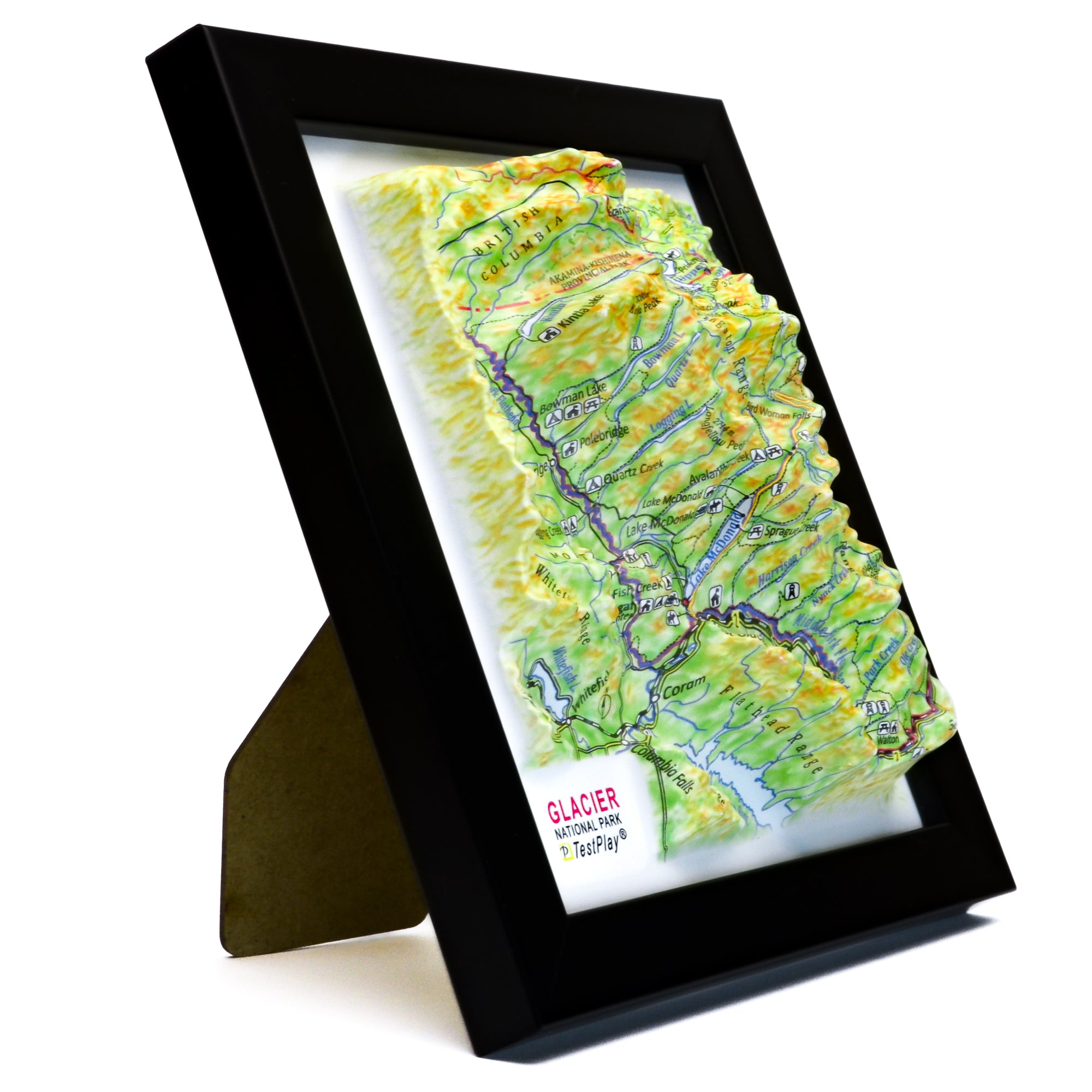 TestPlayNA 3D raised relief map of Glacier National Park showing lakes, valleys, and glaciers