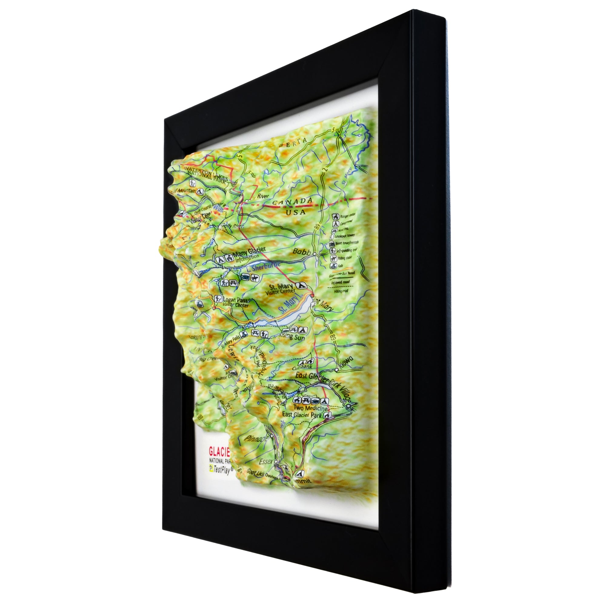 TestPlayNA 3D raised relief map of Glacier National Park showing lakes, valleys, and glaciers