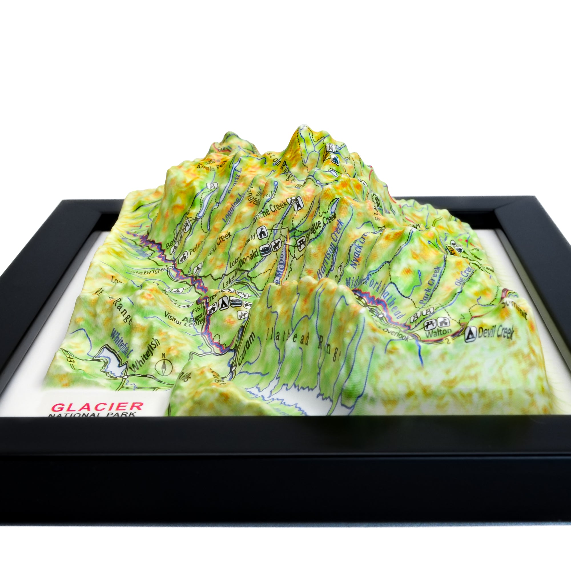 TestPlayNA 3D raised relief map of Glacier National Park showing lakes, valleys, and glaciers