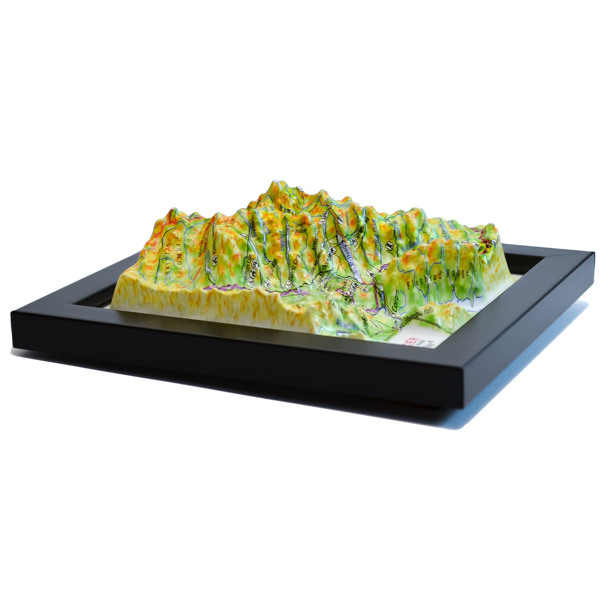 TestPlayNA 3D raised relief map of Glacier National Park showing lakes, valleys, and glaciers