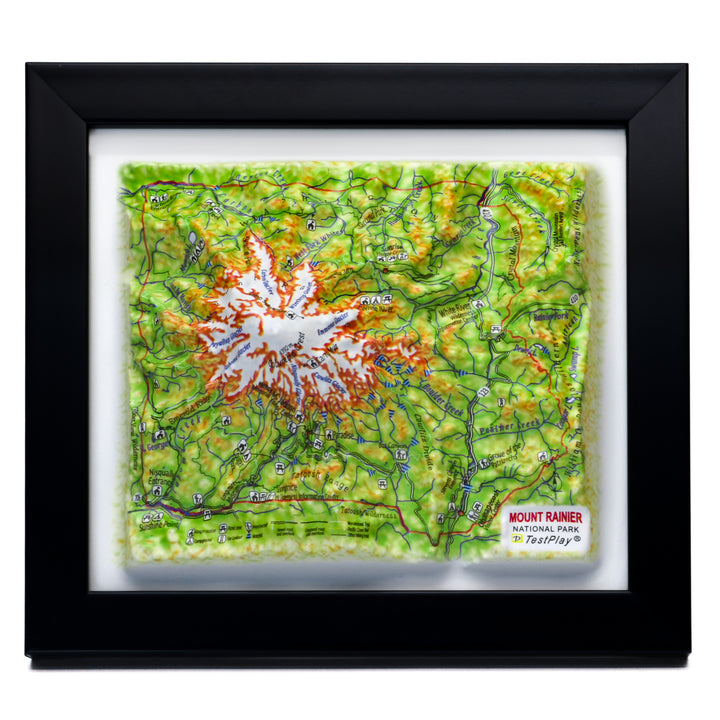 TestPlayNA 3D raised relief map of Mount Rainier National Park showing the volcano, glaciers, and surrounding terrain