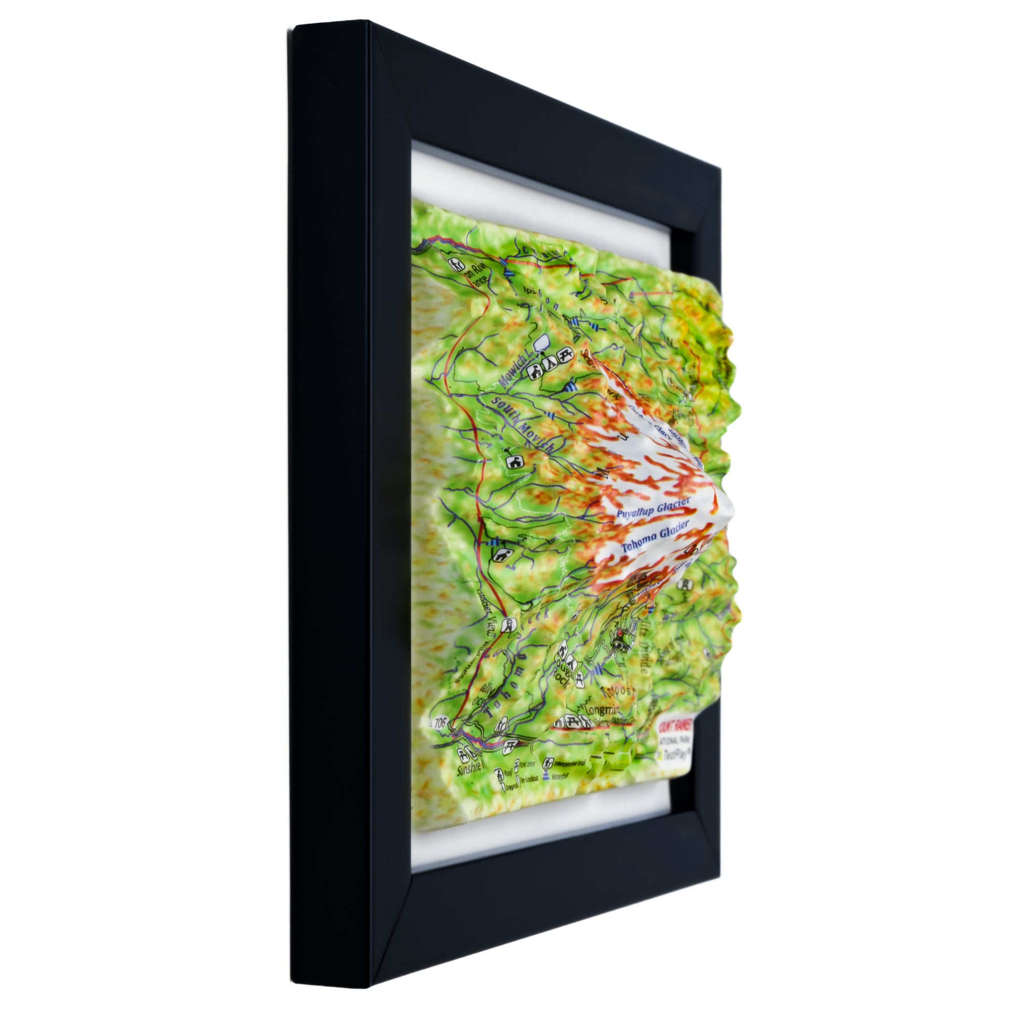 TestPlayNA 3D raised relief map of Mount Rainier National Park showing the volcano, glaciers, and surrounding terrain