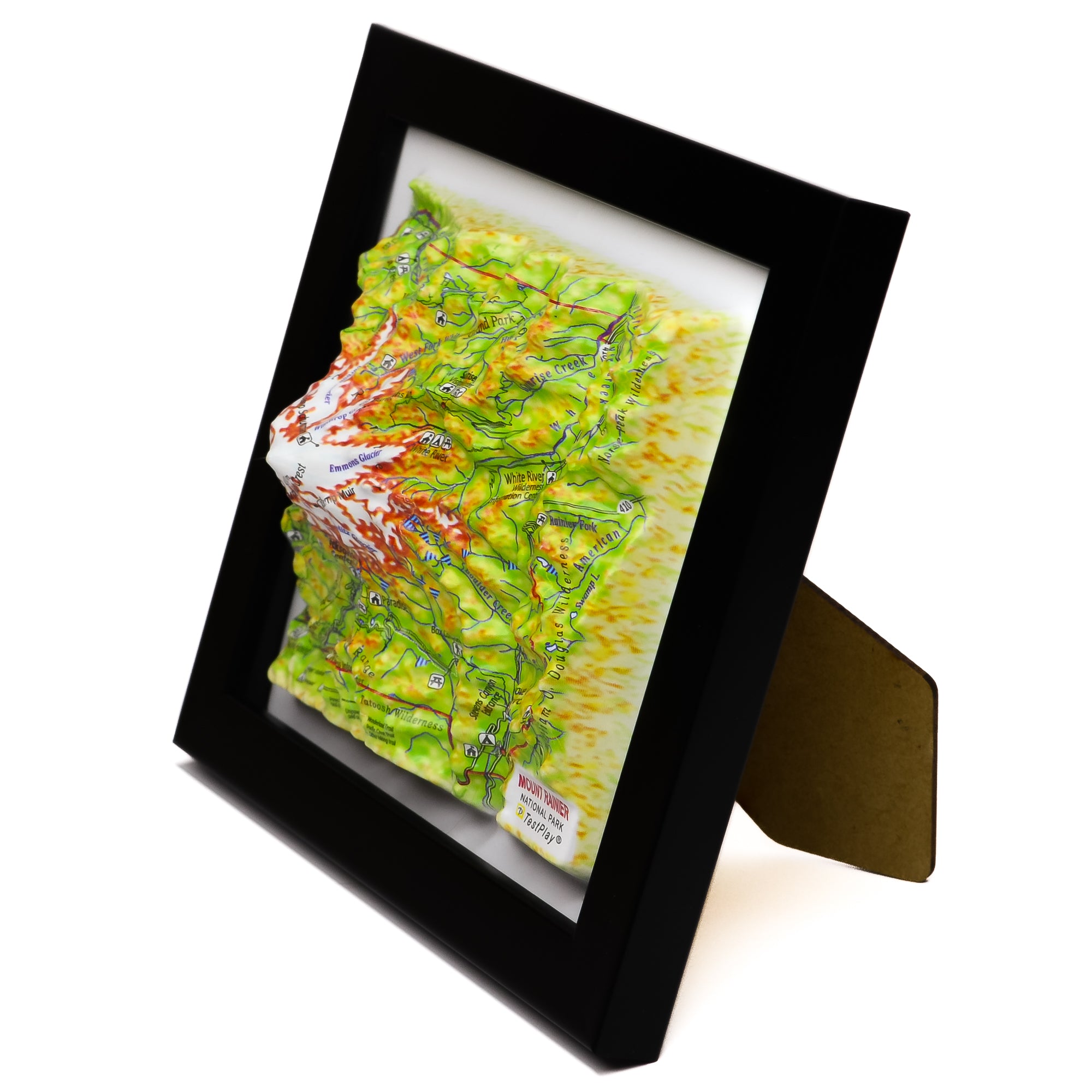 TestPlayNA 3D raised relief map of Mount Rainier National Park showing the volcano, glaciers, and surrounding terrain