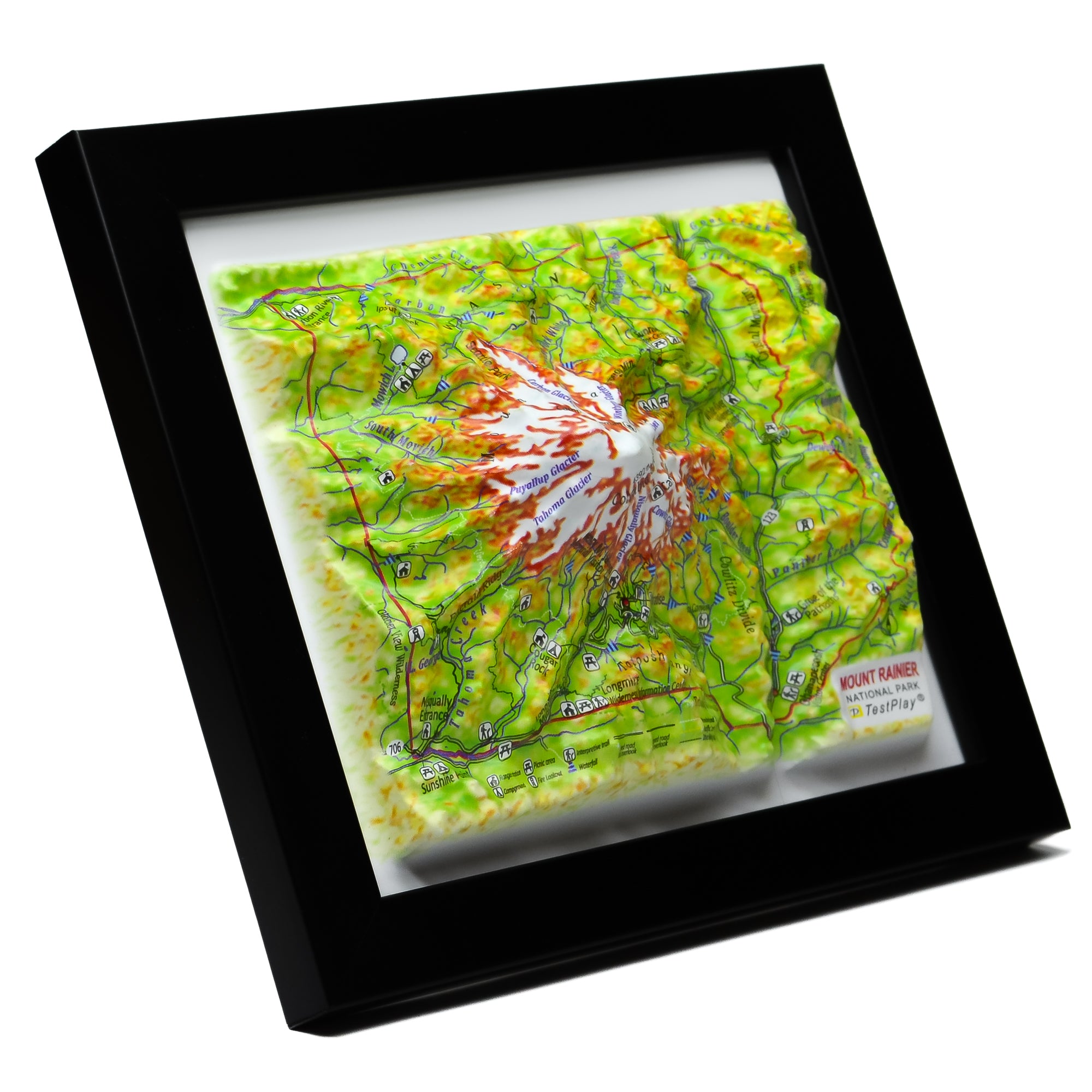 TestPlayNA 3D raised relief map of Mount Rainier National Park showing the volcano, glaciers, and surrounding terrain