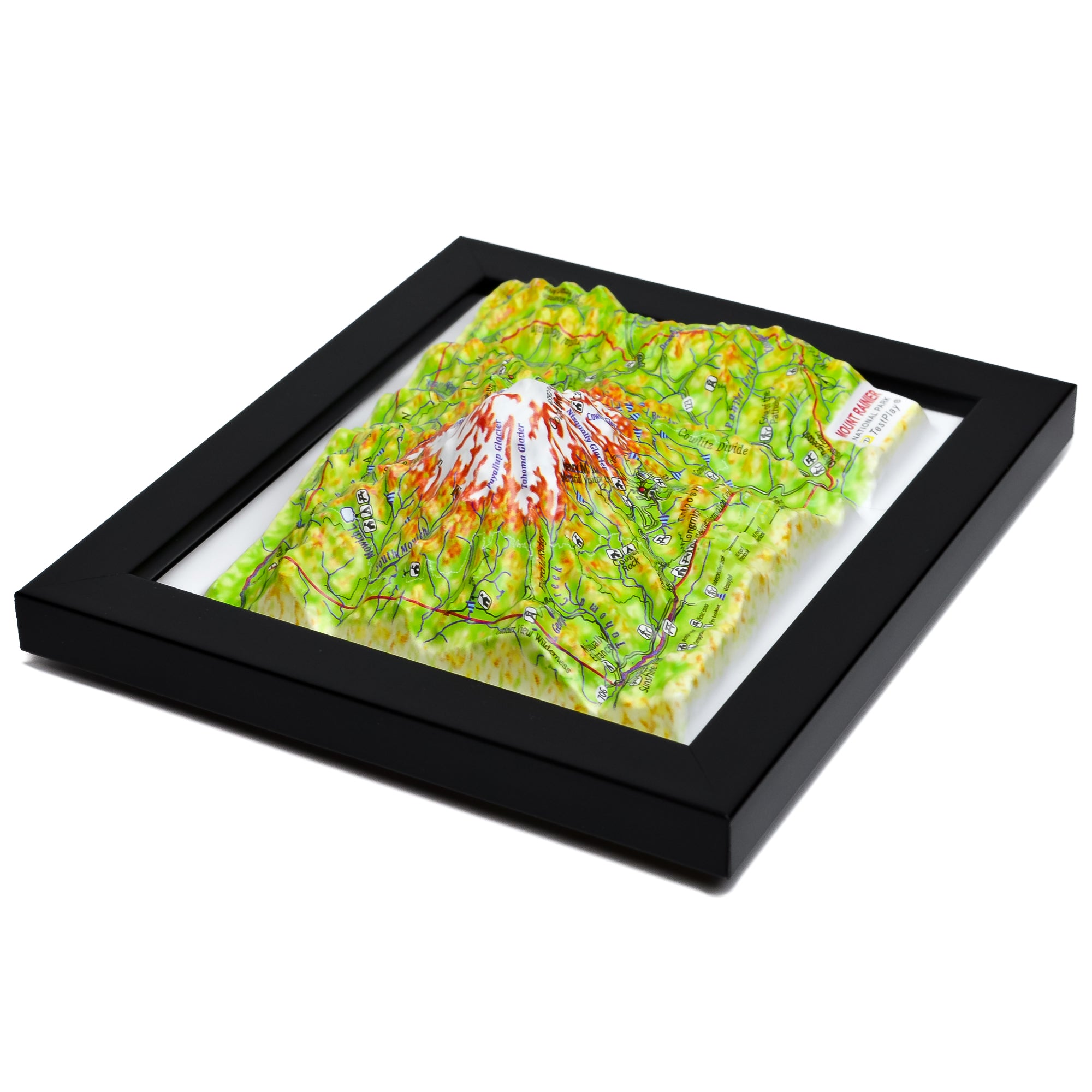TestPlayNA 3D raised relief map of Mount Rainier National Park showing the volcano, glaciers, and surrounding terrain