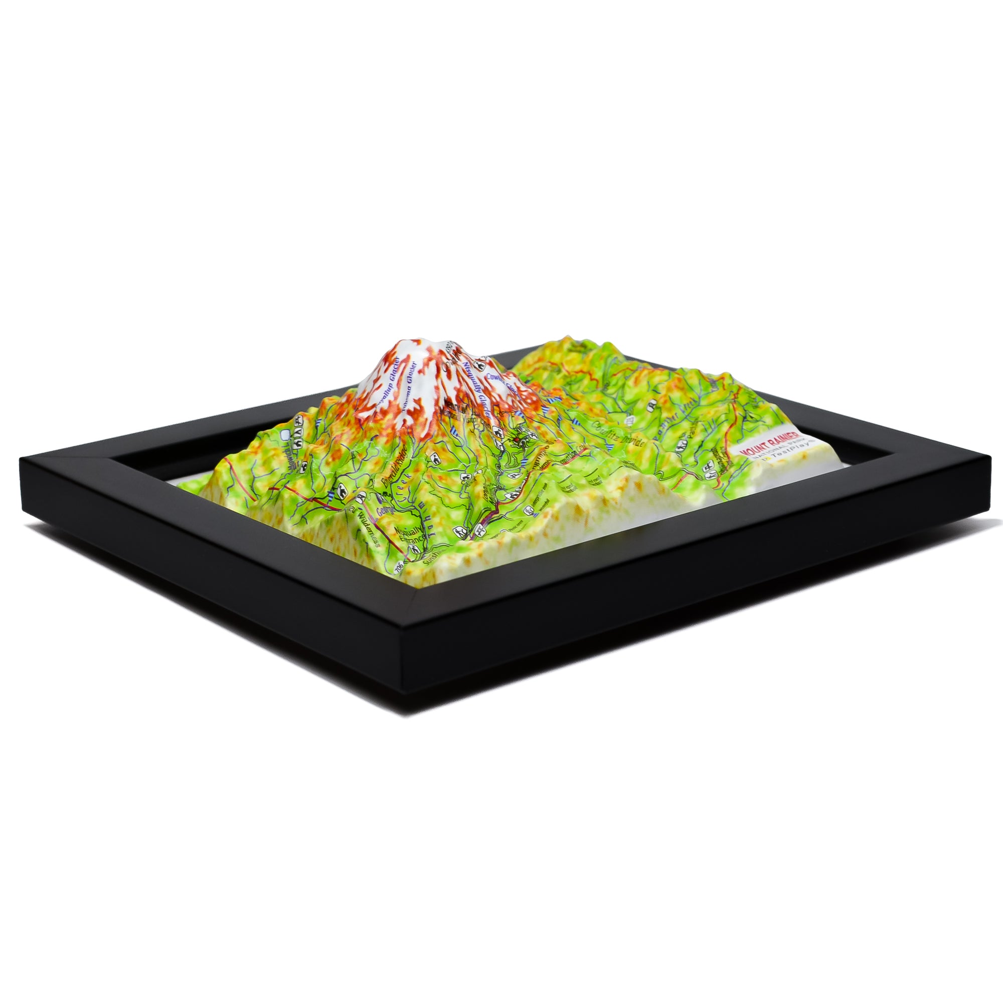 TestPlayNA 3D raised relief map of Mount Rainier National Park showing the volcano, glaciers, and surrounding terrain