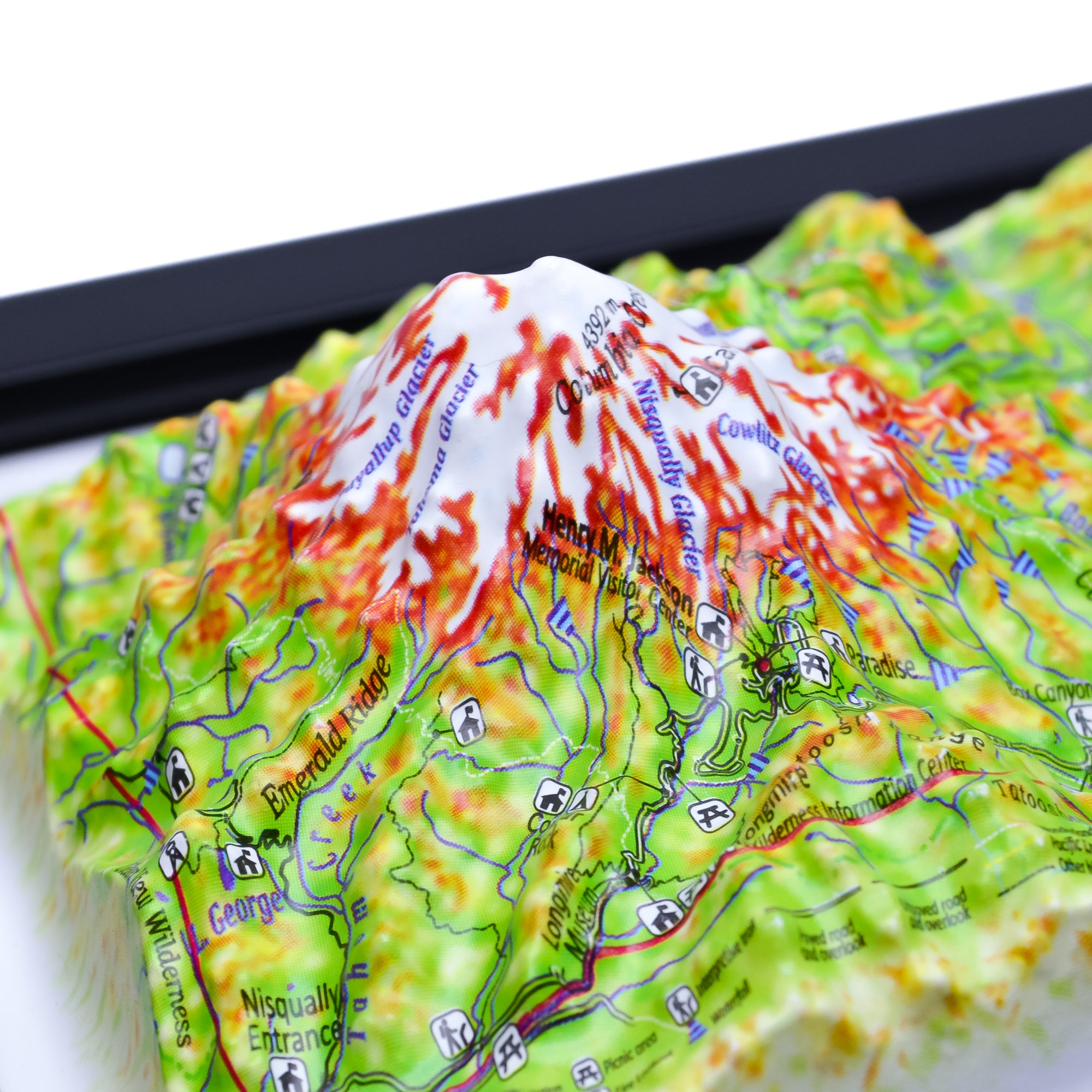 TestPlayNA 3D raised relief map of Mount Rainier National Park showing the volcano, glaciers, and surrounding terrain