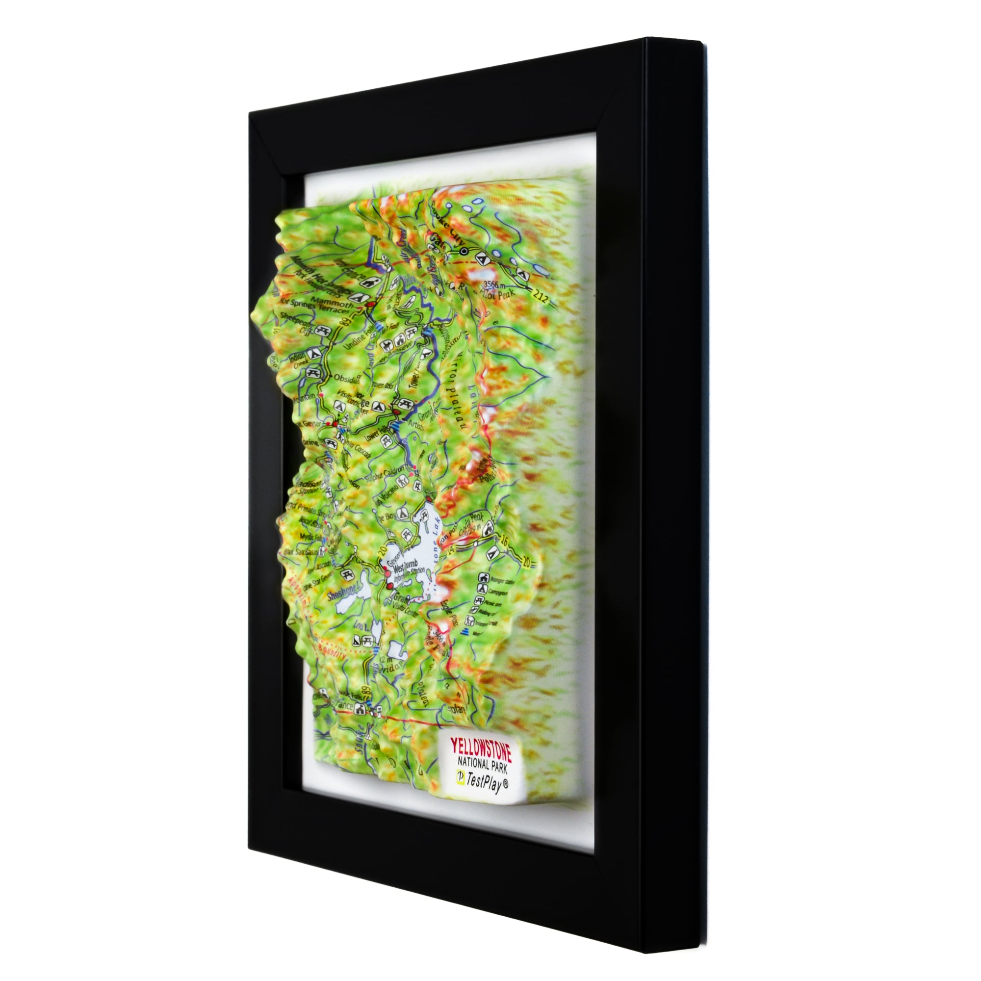 TestPlayNA 3D raised relief map of Yellowstone National Park showing canyons, lakes, and volcanic terrain