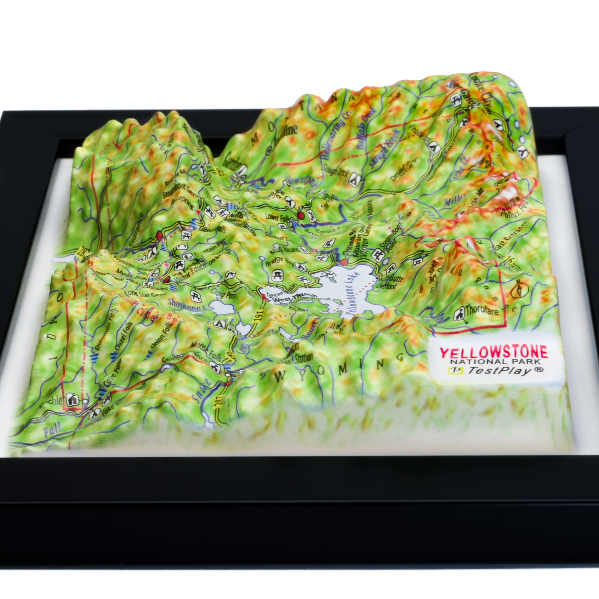 TestPlayNA 3D raised relief map of Yellowstone National Park showing canyons, lakes, and volcanic terrain
