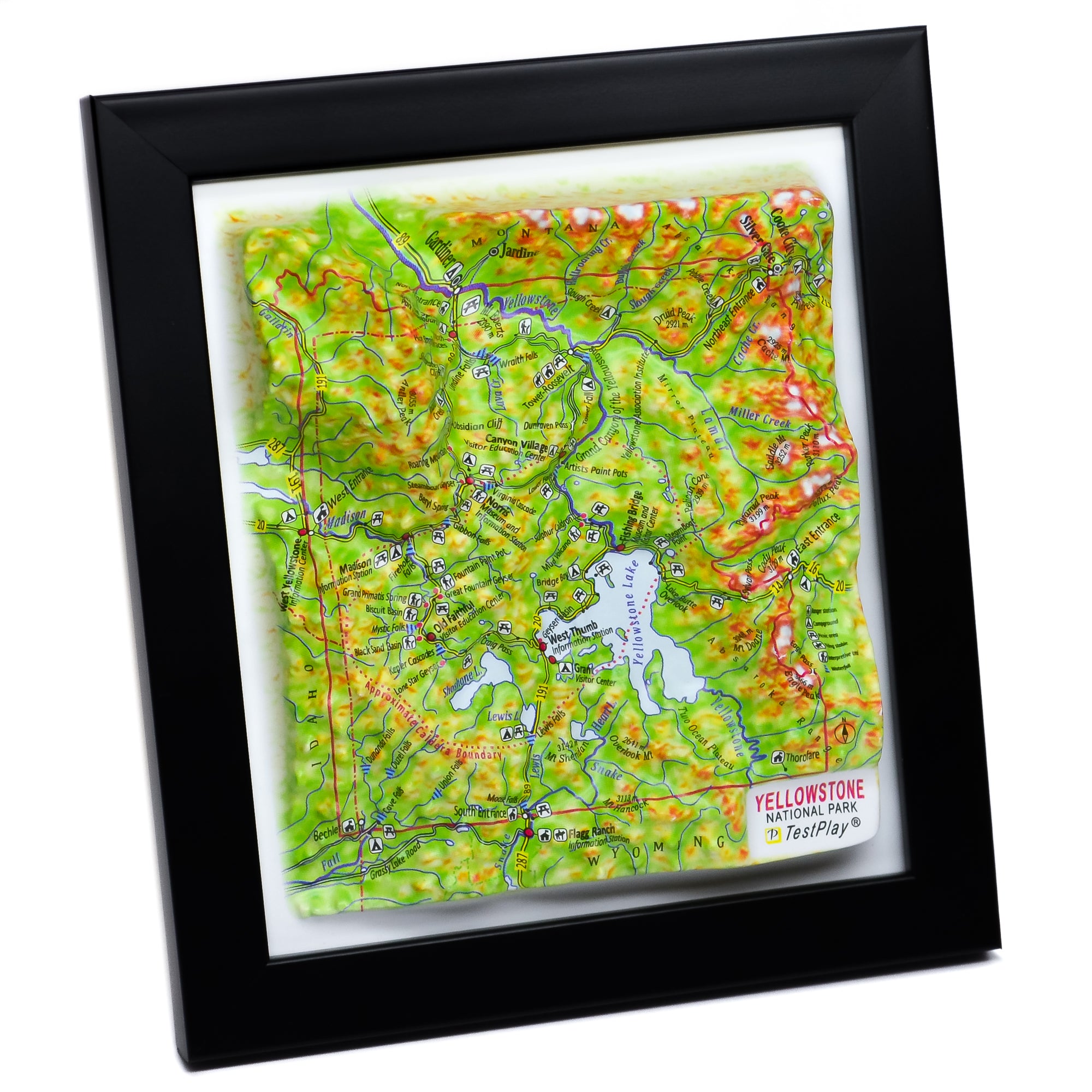 TestPlayNA 3D raised relief map of Yellowstone National Park showing canyons, lakes, and volcanic terrain