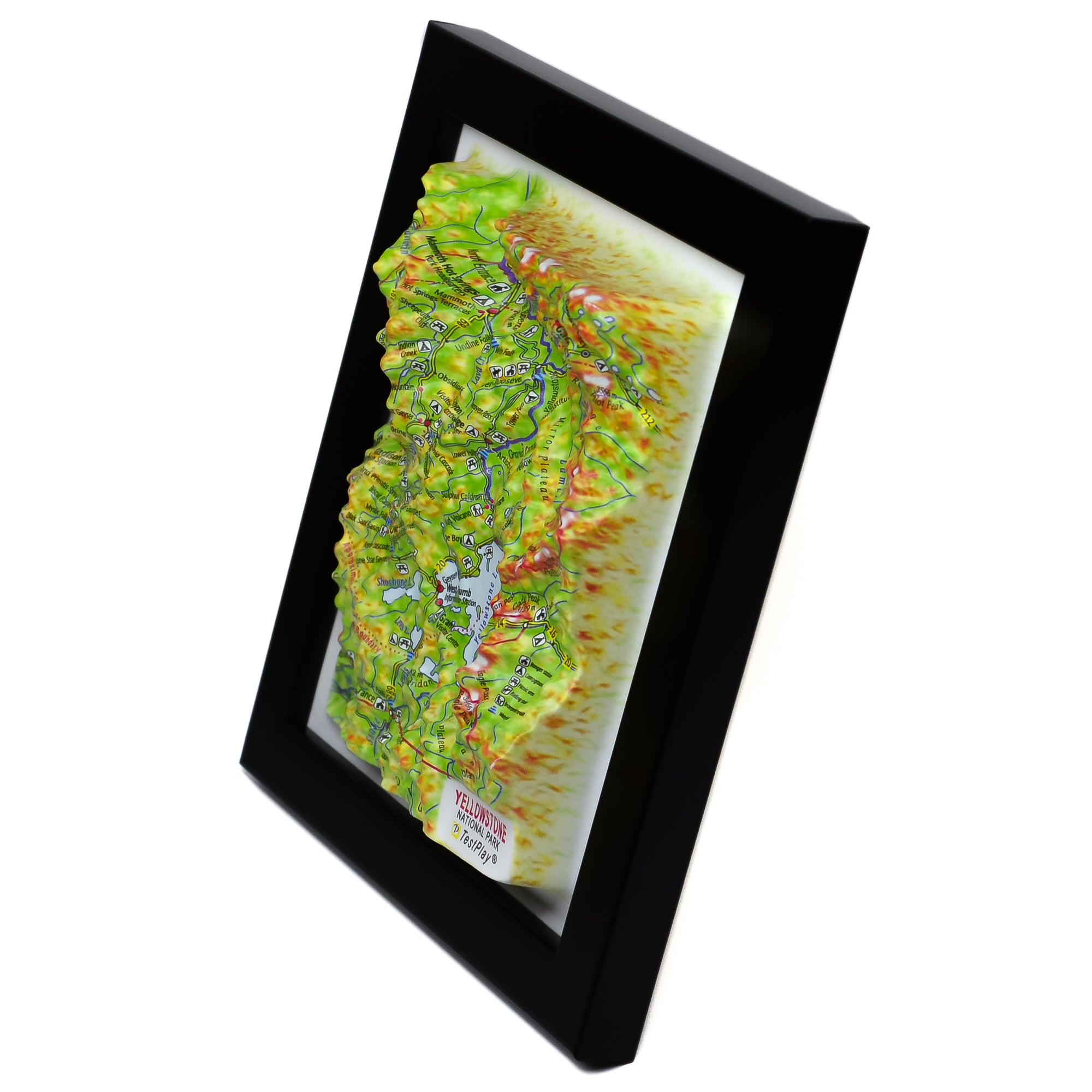 TestPlayNA 3D raised relief map of Yellowstone National Park showing canyons, lakes, and volcanic terrain