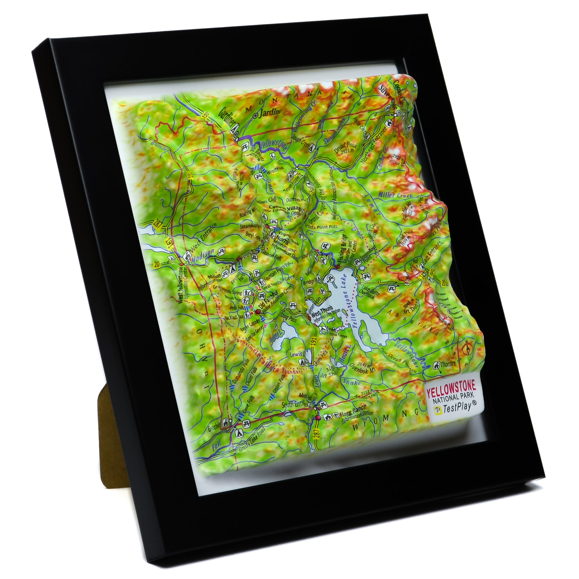 TestPlayNA 3D raised relief map of Yellowstone National Park showing canyons, lakes, and volcanic terrain