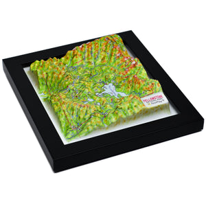 TestPlayNA 3D raised relief map of Yellowstone National Park showing canyons, lakes, and volcanic terrain