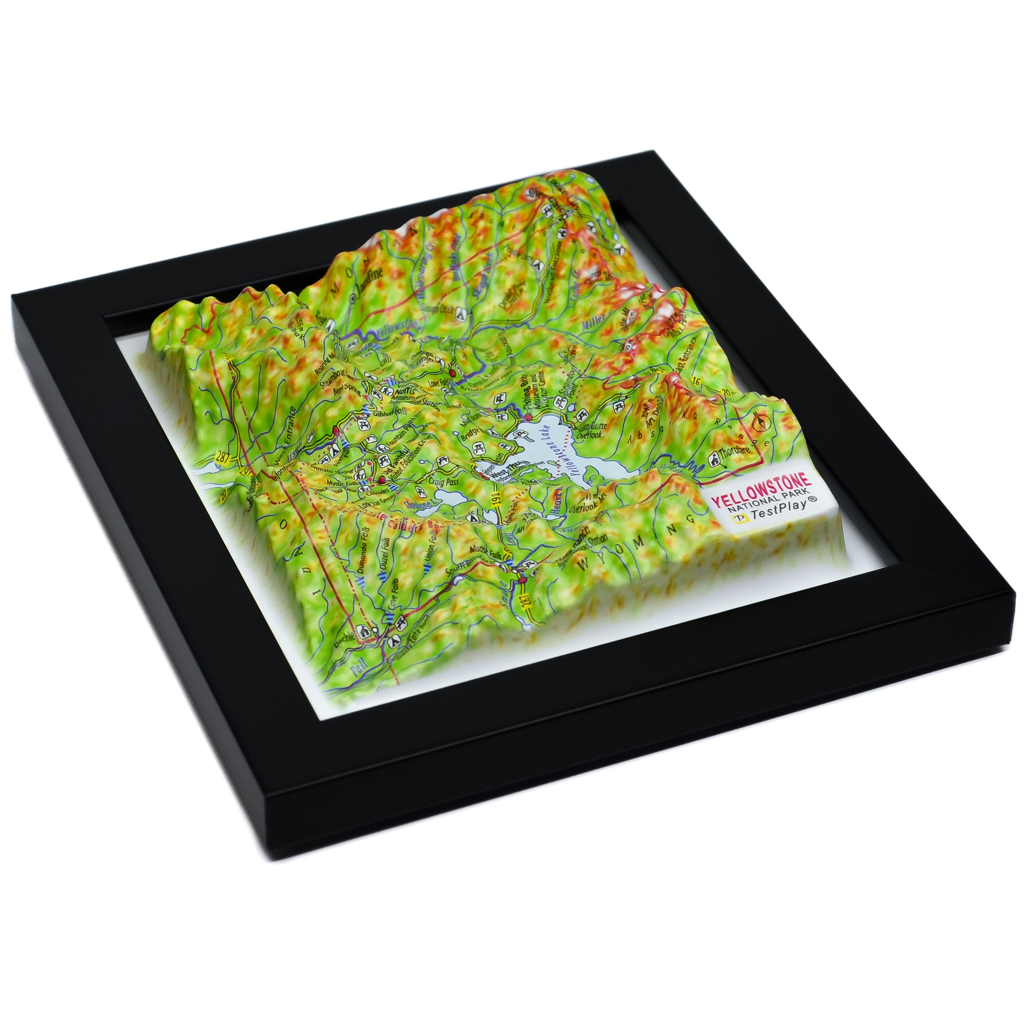 TestPlayNA 3D raised relief map of Yellowstone National Park showing canyons, lakes, and volcanic terrain