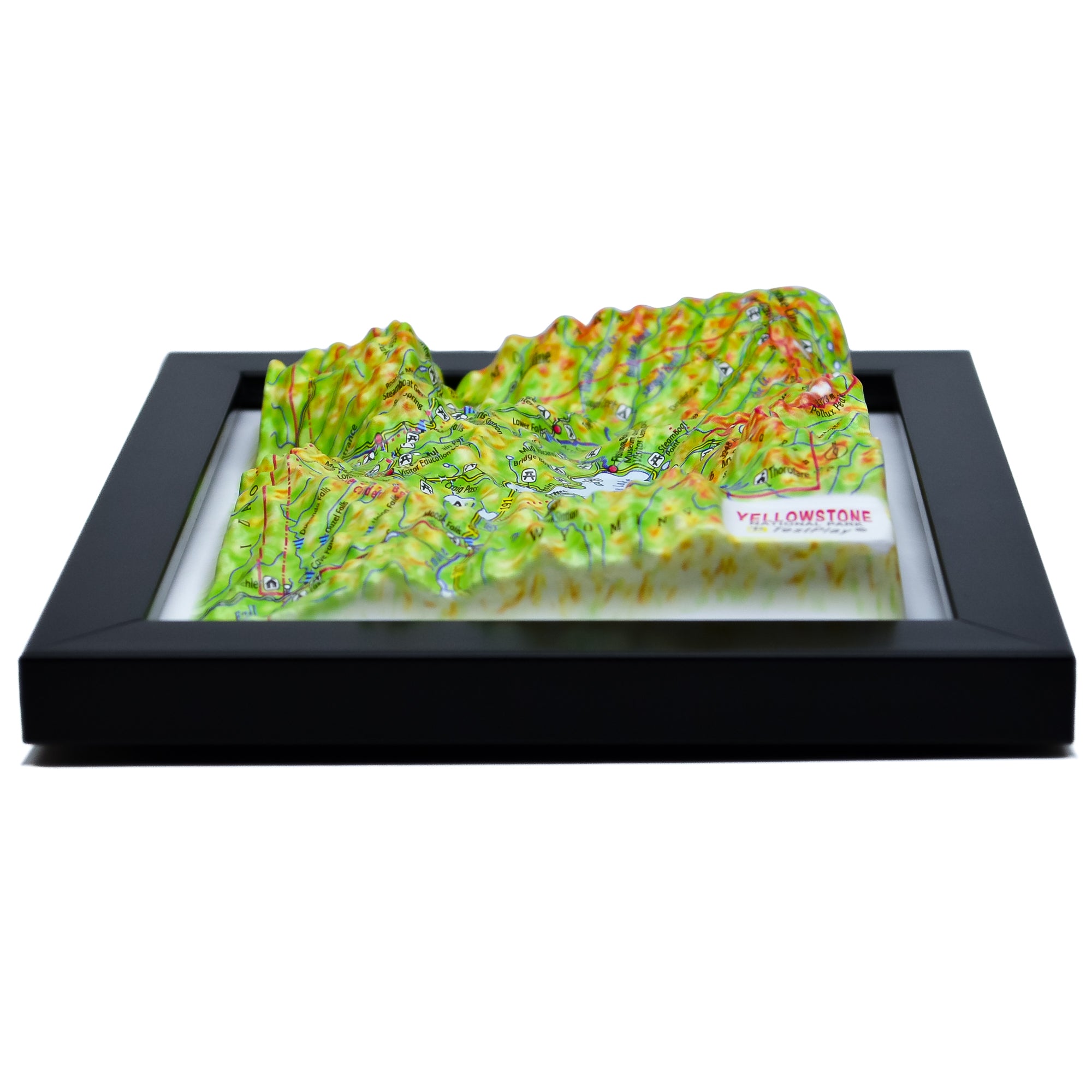 TestPlayNA 3D raised relief map of Yellowstone National Park showing canyons, lakes, and volcanic terrain