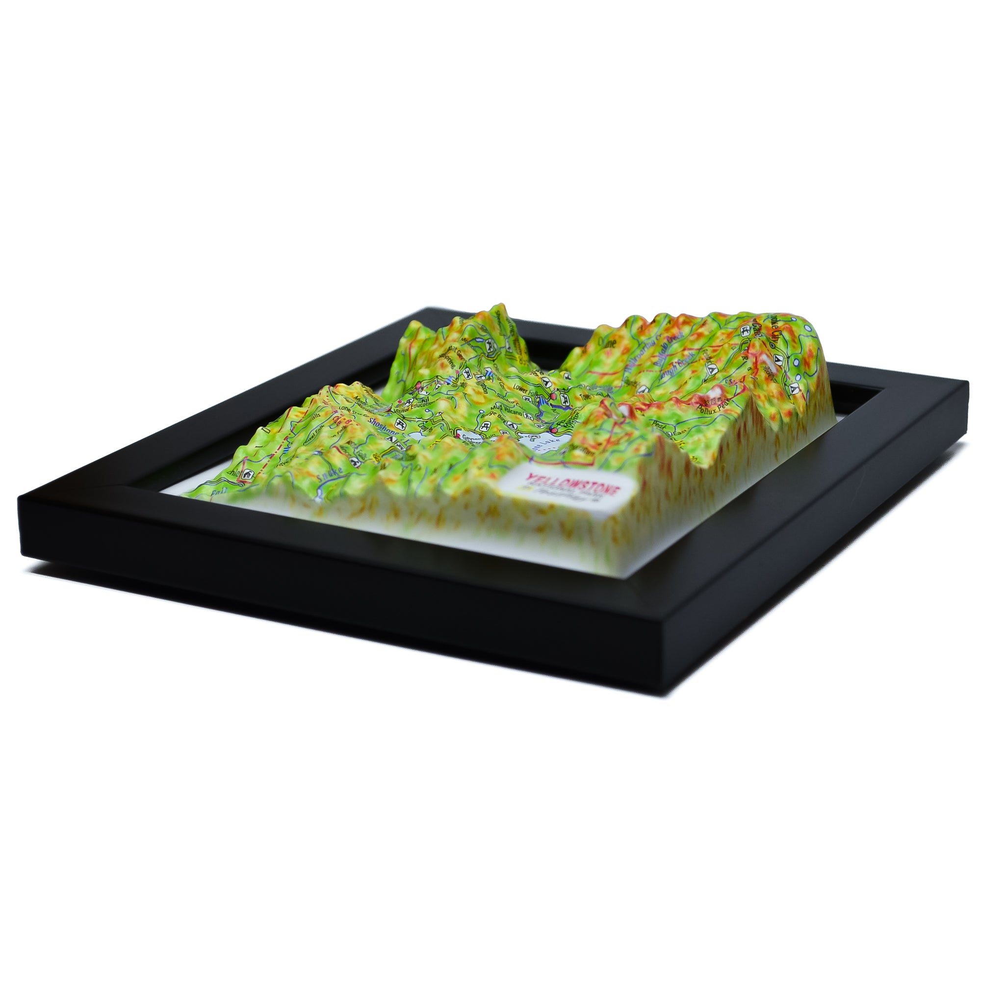 TestPlayNA 3D raised relief map of Yellowstone National Park showing canyons, lakes, and volcanic terrain