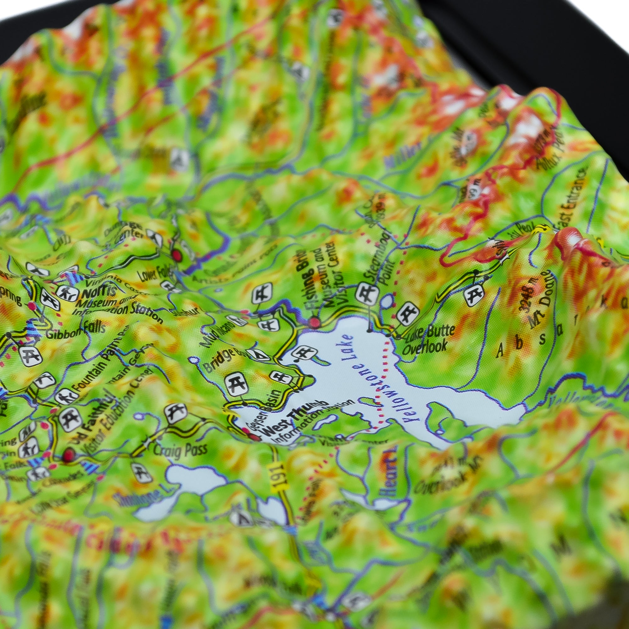 TestPlayNA 3D raised relief map of Yellowstone National Park showing canyons, lakes, and volcanic terrain