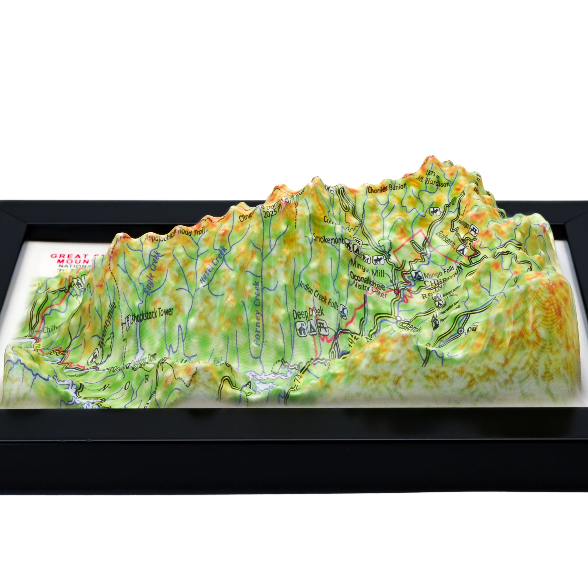TestPlayNA 3D raised relief map of Great Smoky Mountains National Park showing mountains and hiking trails