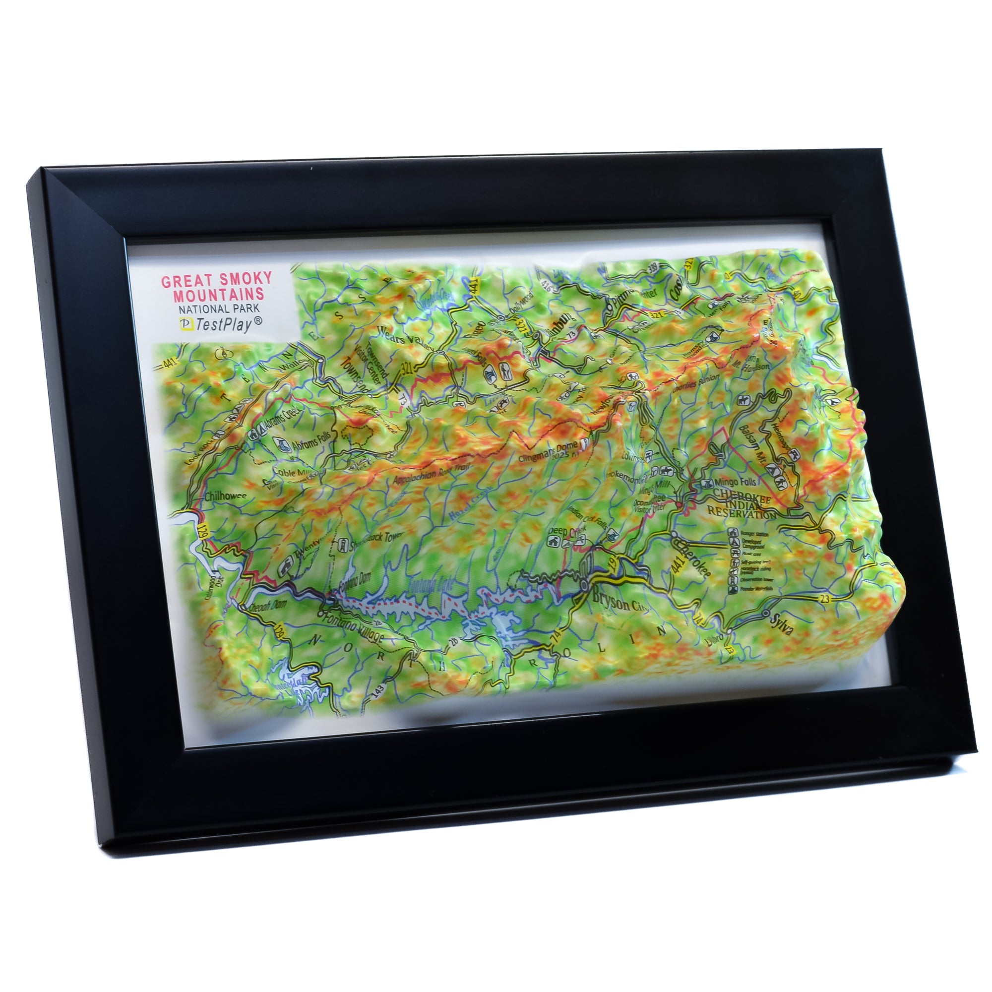 TestPlayNA 3D raised relief map of Great Smoky Mountains National Park showing mountains and hiking trails