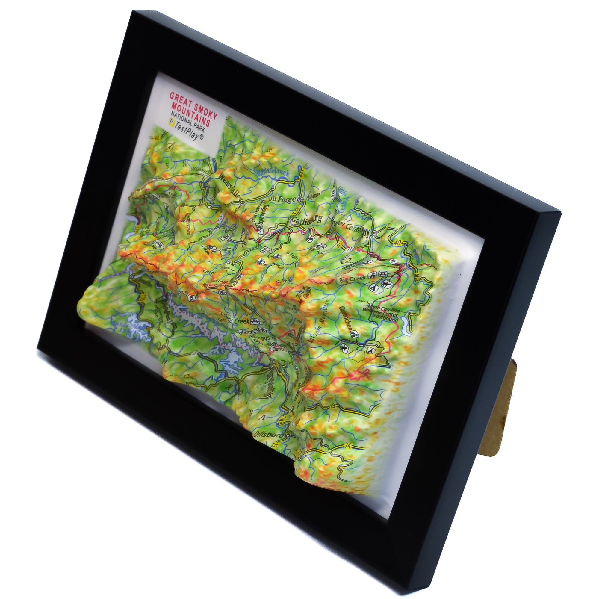 TestPlayNA 3D raised relief map of Great Smoky Mountains National Park showing mountains and hiking trails
