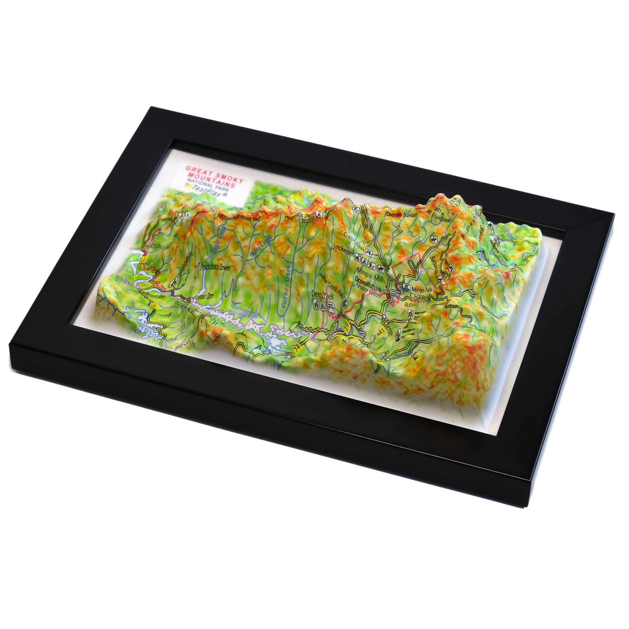 TestPlayNA 3D raised relief map of Great Smoky Mountains National Park showing mountains and hiking trails