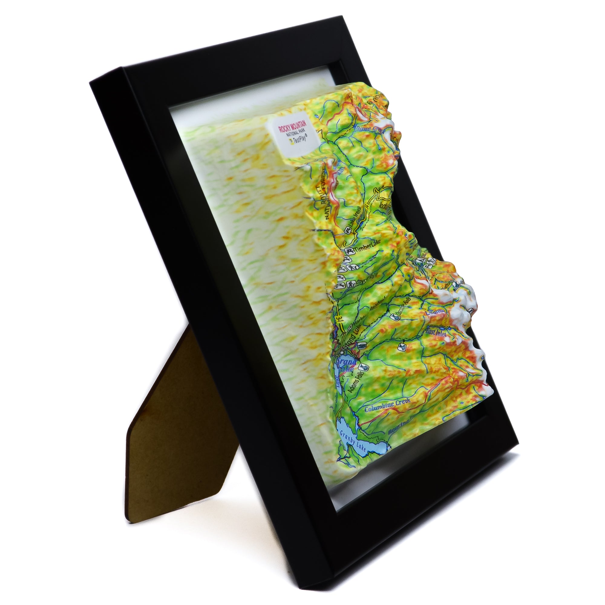 TestPlayNA 3D raised relief map of Rocky Mountain National Park showing mountains, lakes, and trails